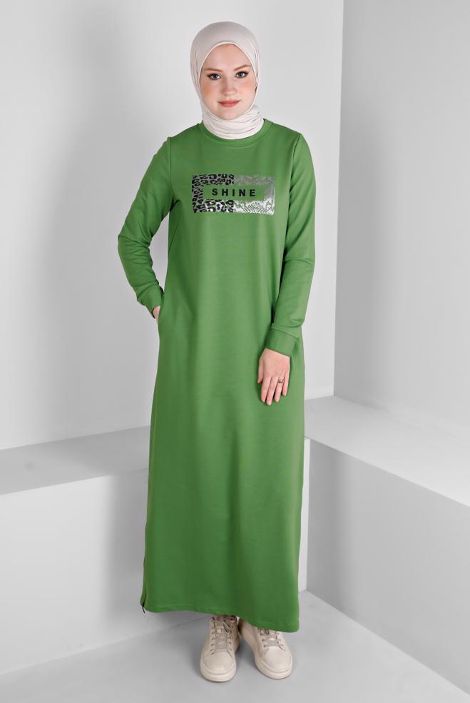 Vêtements hijab VERT ROBE DE SURVÊTEMENT IMPRIMÉ SLOGAN 43445 - ALVİNA