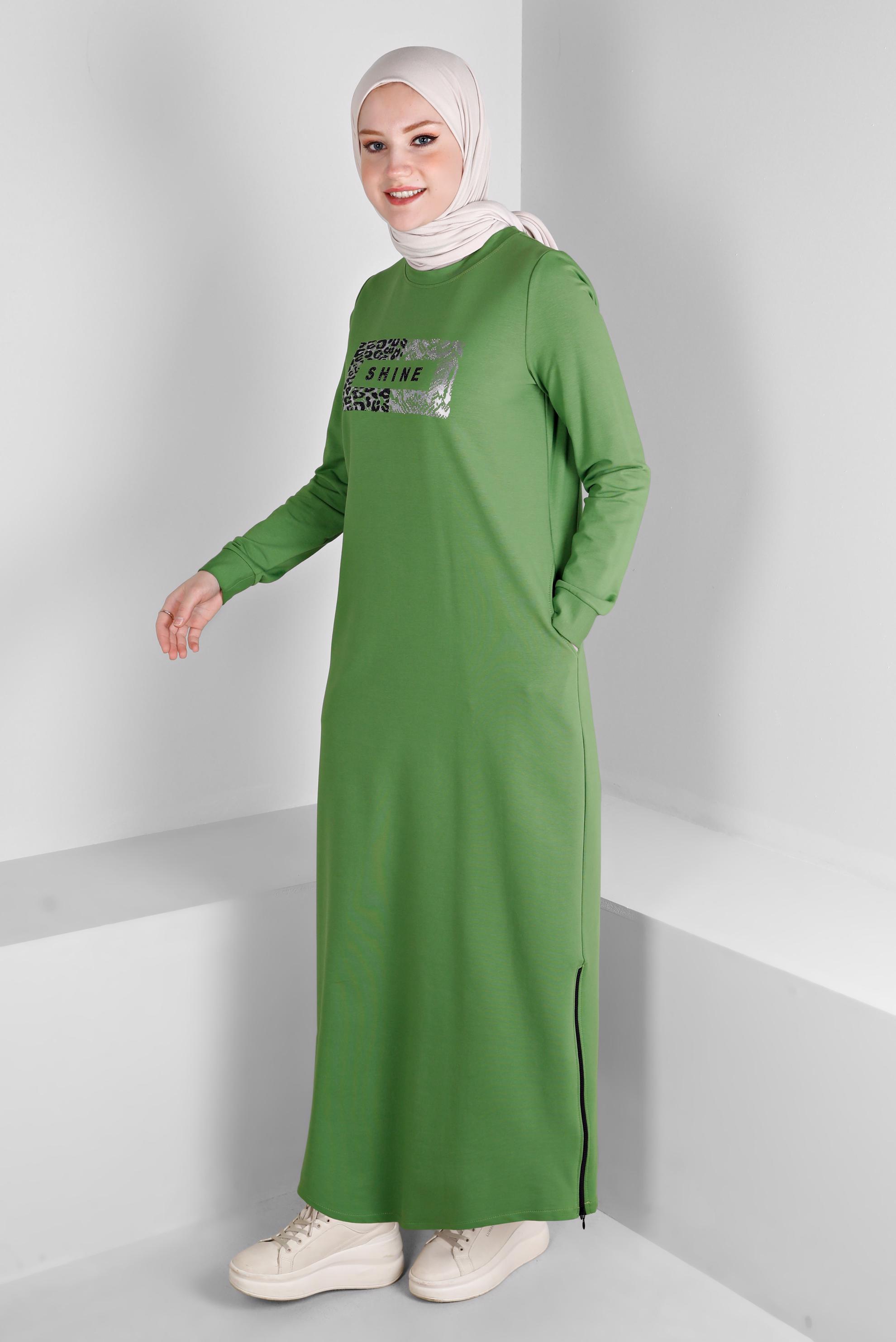 Vêtements hijab VERT ROBE DE SURVÊTEMENT IMPRIMÉ SLOGAN 43445