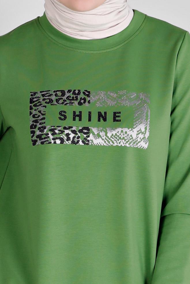 Vêtements hijab VERT ROBE DE SURVÊTEMENT IMPRIMÉ SLOGAN 43445 - ALVİNA