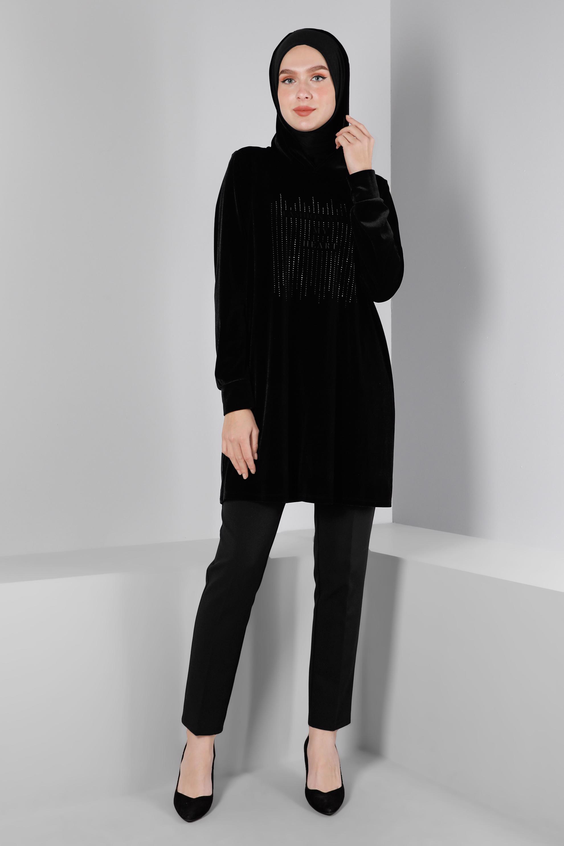 Tesettür giyim SİYAH TAŞ DETAYLI KADİFE EŞOFMAN TUNİK 43451