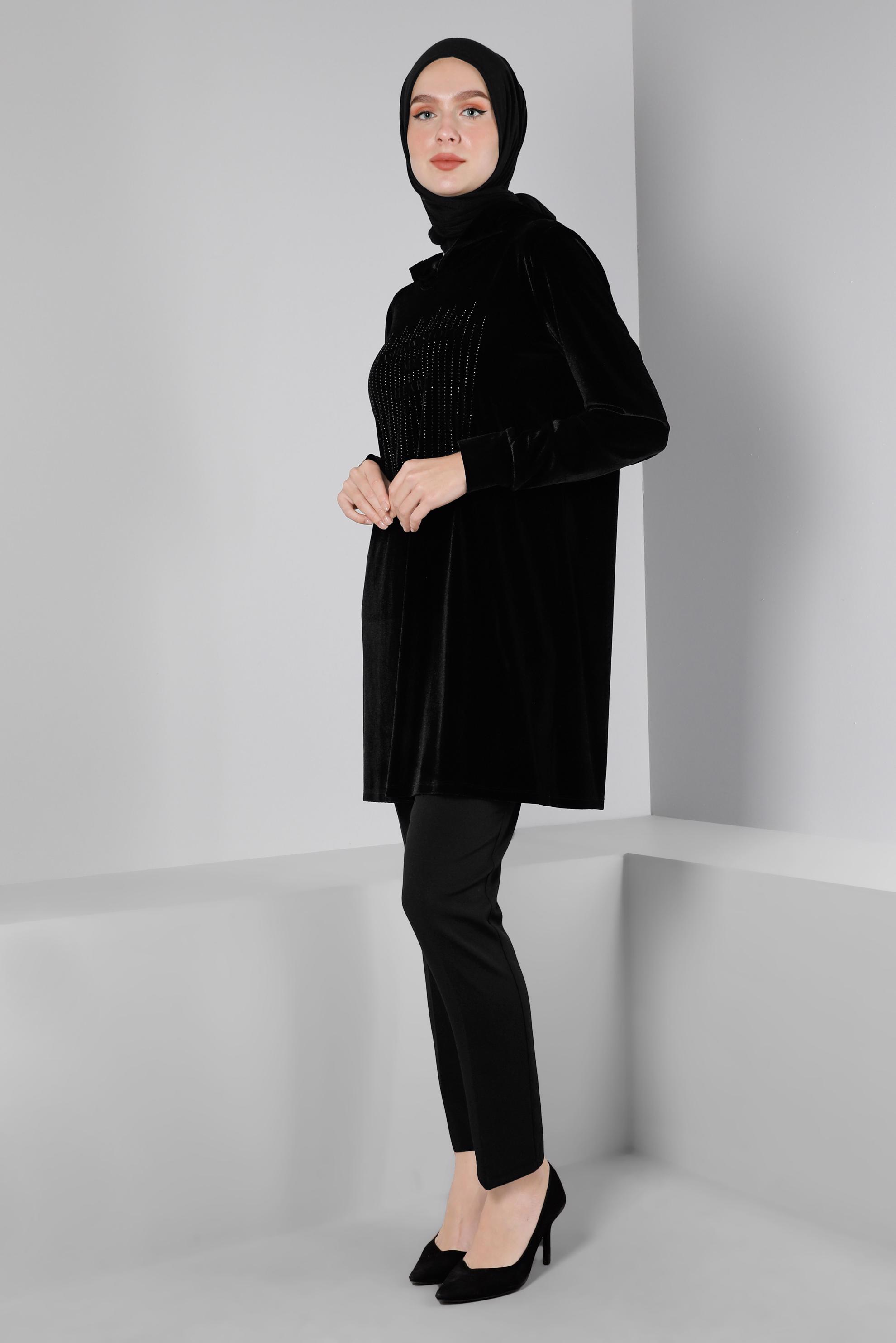 Tesettür giyim SİYAH TAŞ DETAYLI KADİFE EŞOFMAN TUNİK 43451