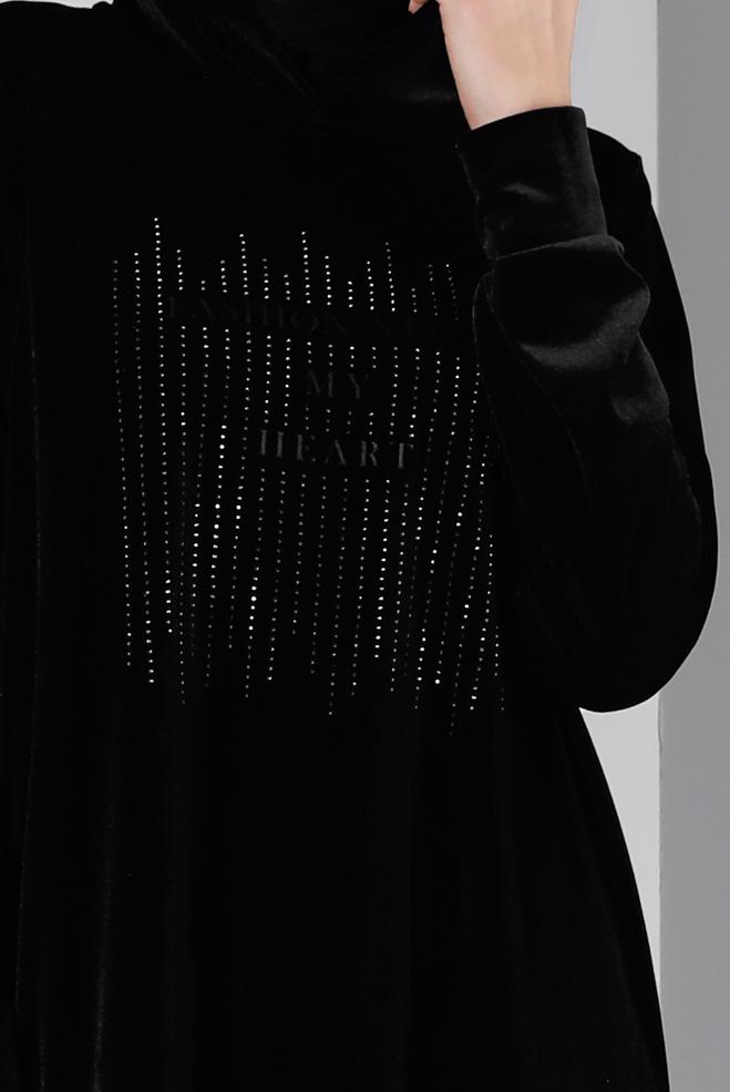 Tesettür giyim SİYAH TAŞ DETAYLI KADİFE EŞOFMAN TUNİK 43451 - ALVİNA