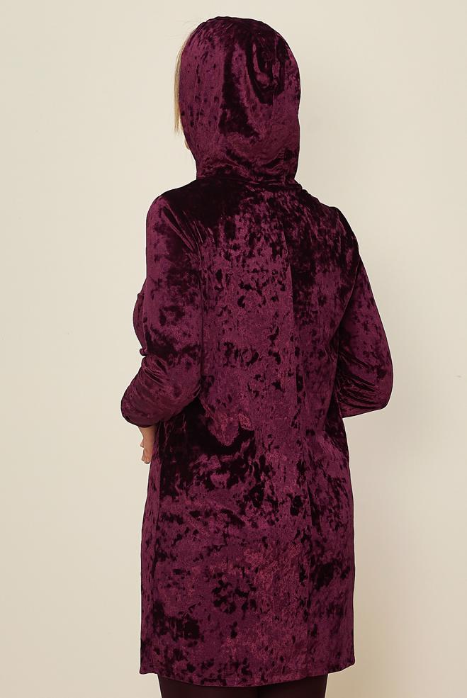 Tesettür giyim BORDO TAŞ DETAYLI KADİFE EŞOFMAN TUNİK 43451 - ALVİNA