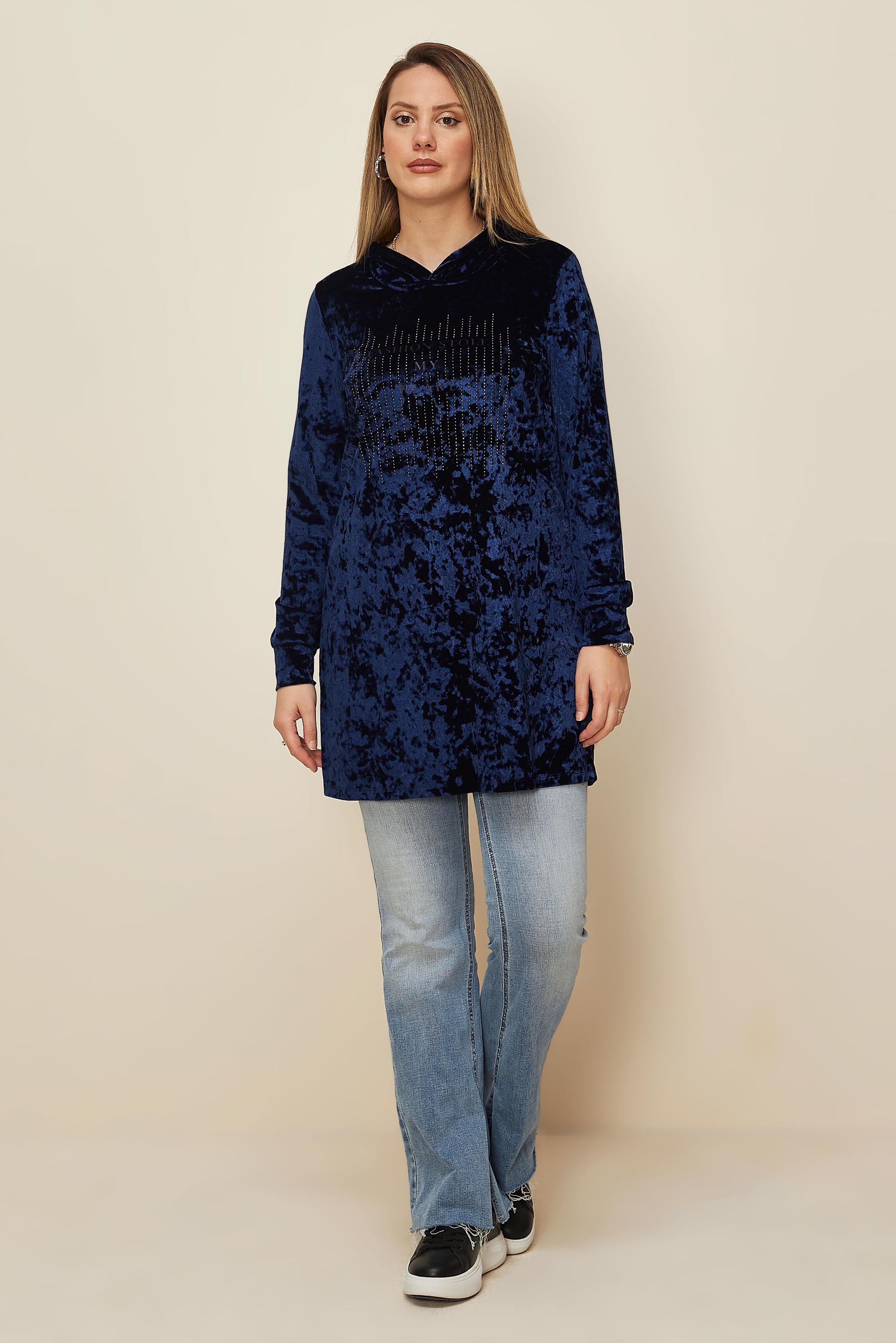 Hijab clothing NAVY BLUE GEM DETAIL VELVET TRACKSUIT TUNIC 43451