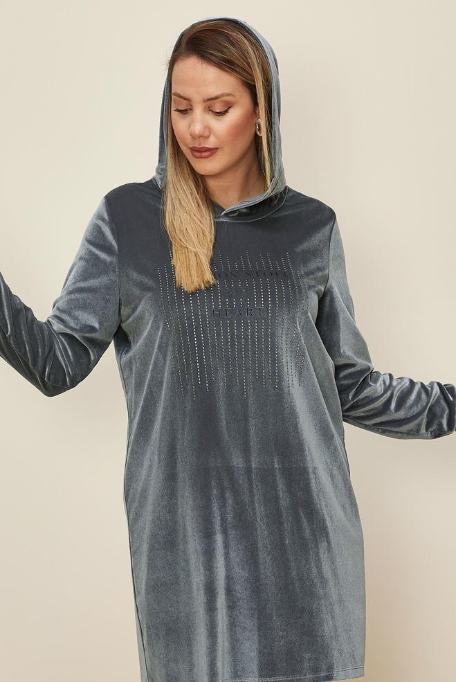 Tesettür giyim GÜMÜŞ TAŞ DETAYLI KADİFE EŞOFMAN TUNİK 43451 - ALVİNA