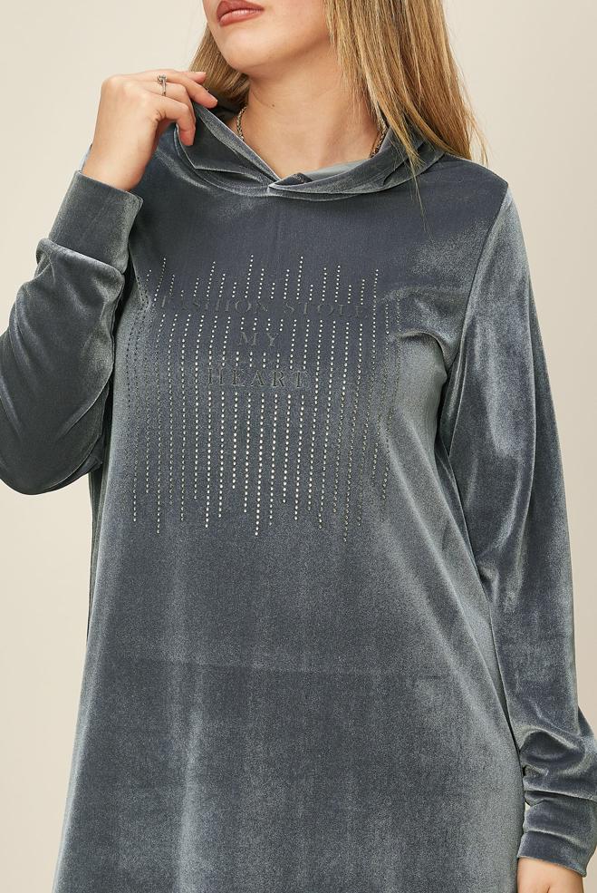 Tesettür giyim GÜMÜŞ TAŞ DETAYLI KADİFE EŞOFMAN TUNİK 43451 - ALVİNA