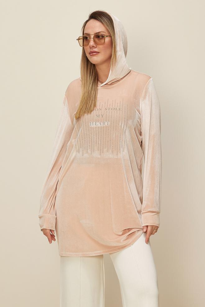 Hijab clothing PINK GEM DETAILED VELVET TRACKSUIT TUNIC 43451 - ALVİNA