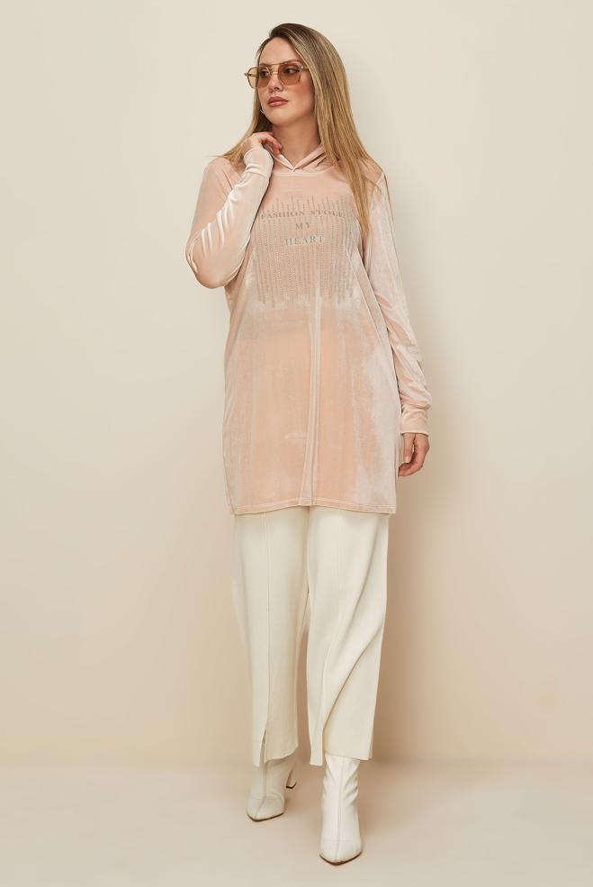 Hijab clothing PINK GEM DETAILED VELVET TRACKSUIT TUNIC 43451 - ALVİNA