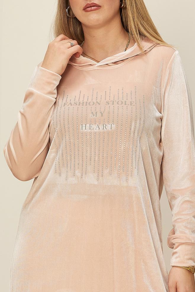 Hijab clothing PINK GEM DETAILED VELVET TRACKSUIT TUNIC 43451 - ALVİNA