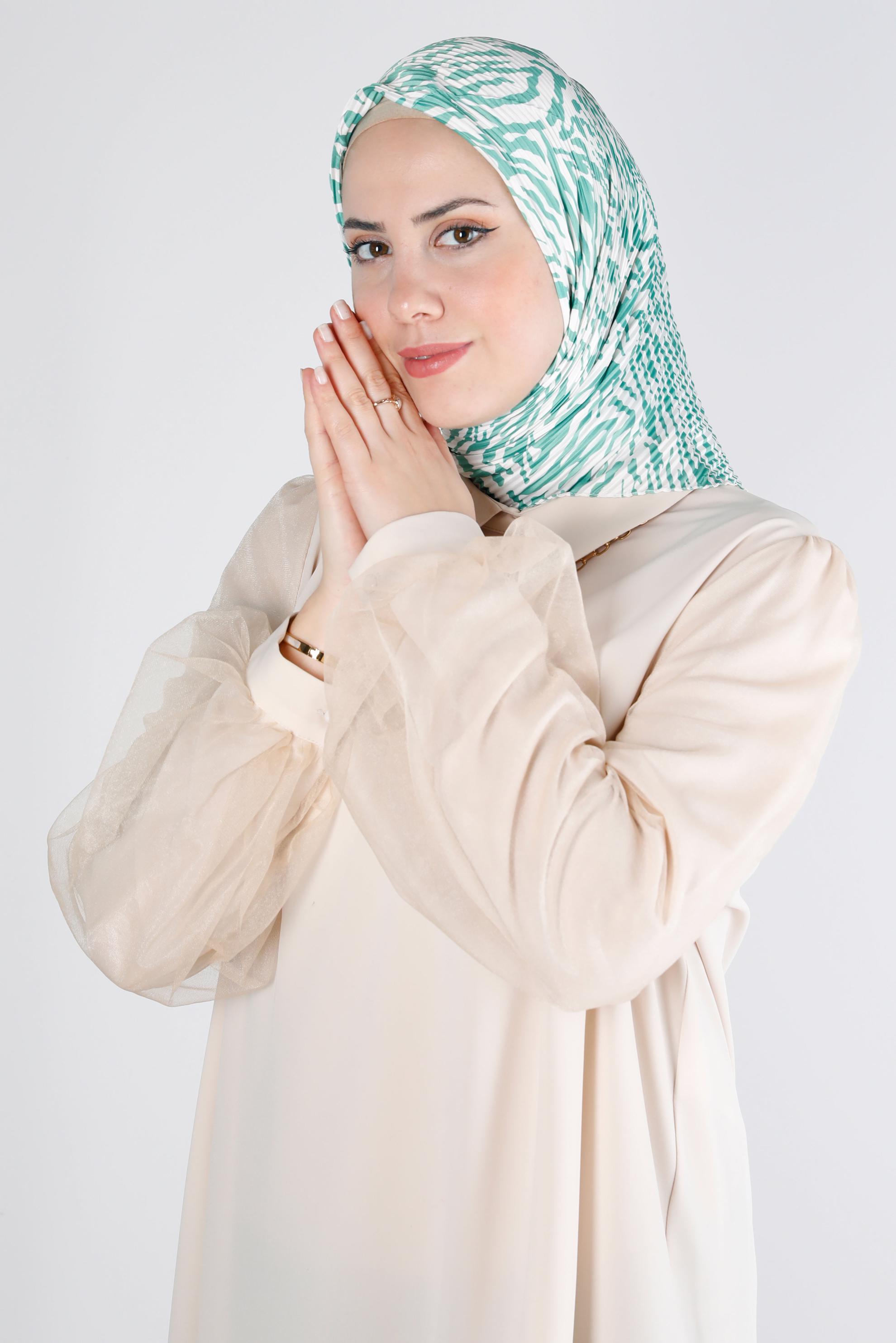 Tesettür giyim YEŞİL ALVİNA PİLİSELİ ZEBRA DESEN EŞARP 8212 