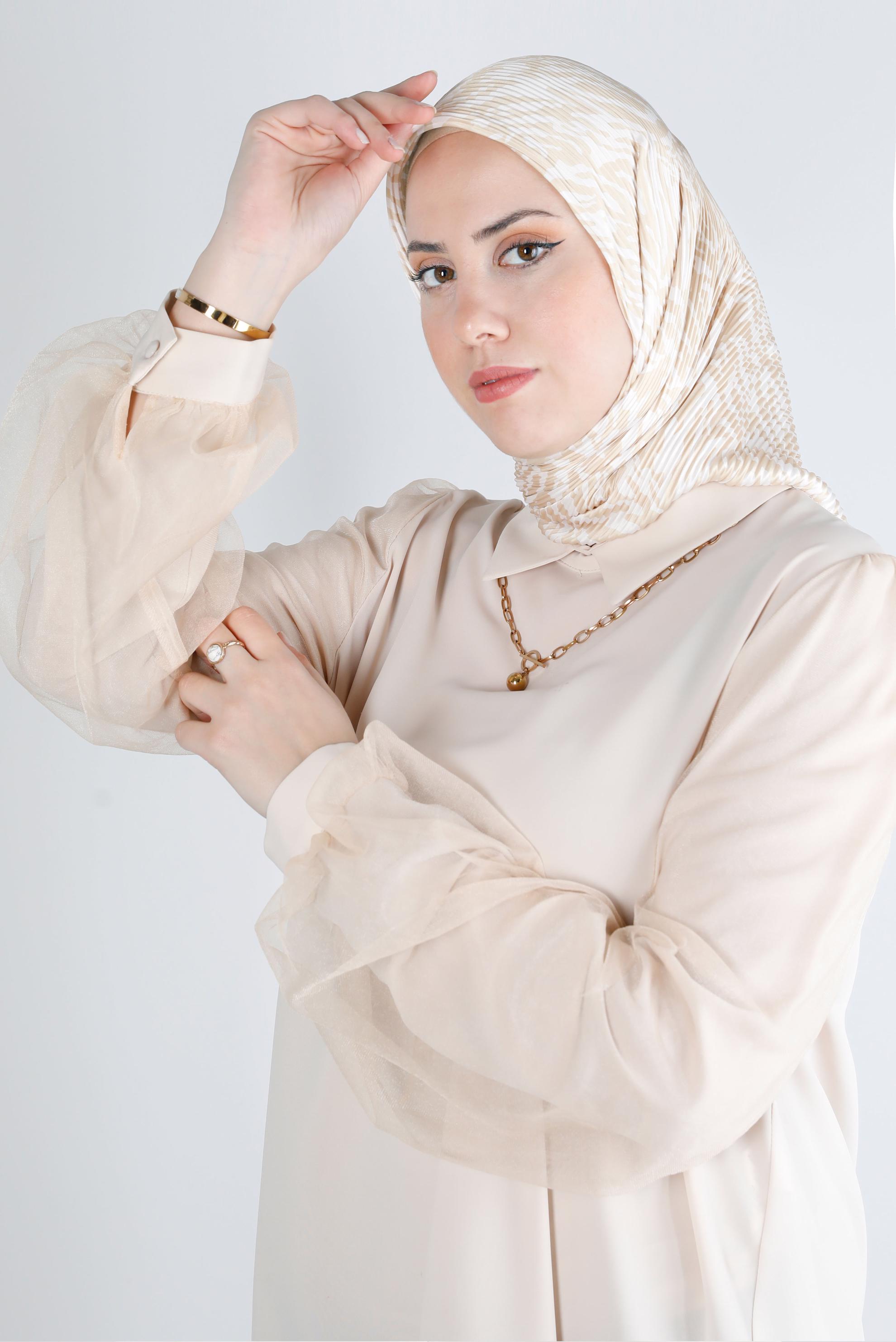 Tesettür giyim BEJ ALVİNA PİLİSELİ ZEBRA DESEN EŞARP 8212 