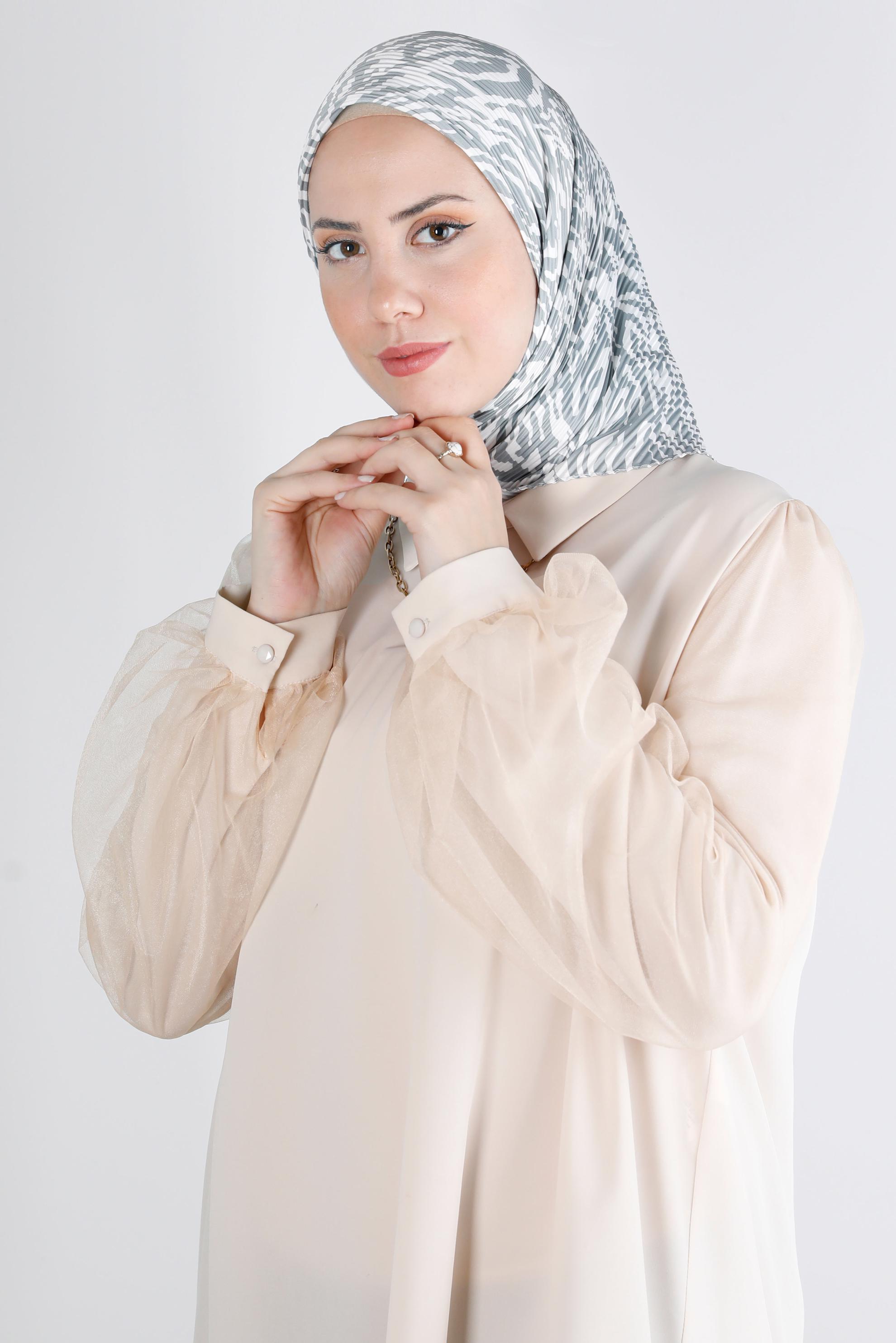 Tesettür giyim GRİ ALVİNA PİLİSELİ ZEBRA DESEN EŞARP 8212 