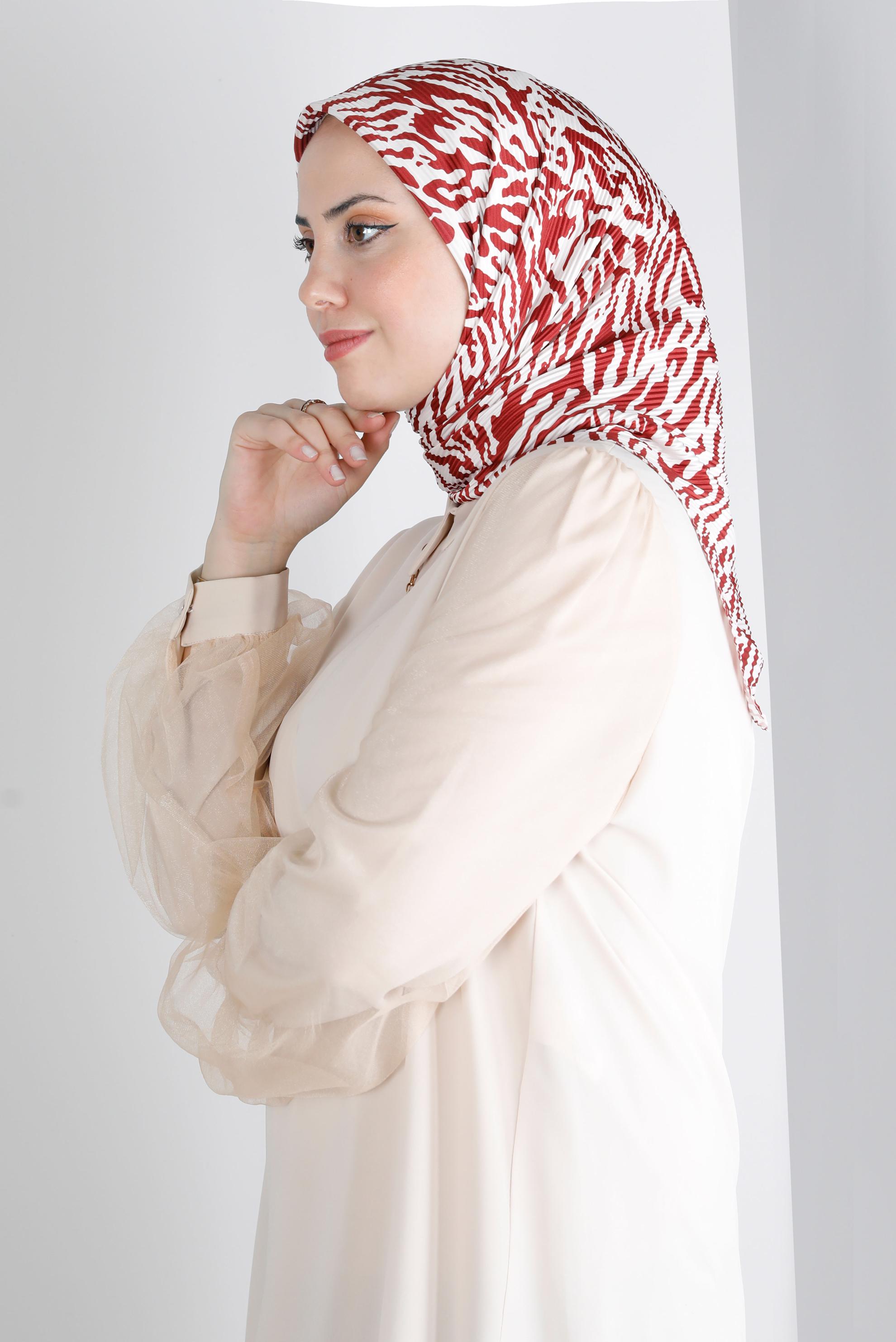 Tesettür giyim BORDO ALVİNA PİLİSELİ ZEBRA DESEN EŞARP 8212 