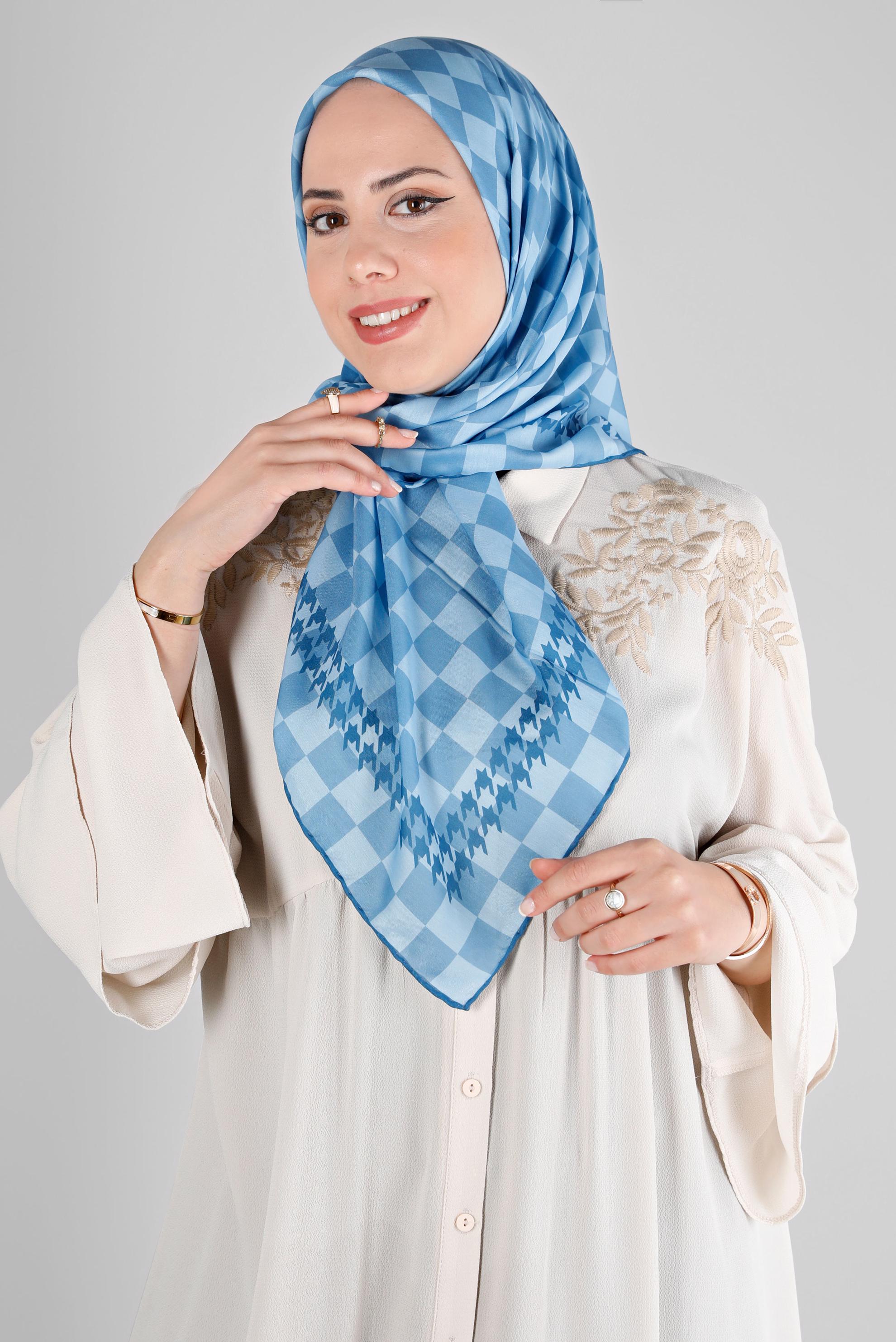 Tesettür giyim MAVİ ALVİNA DAMA DESEN ORGANİK EŞARP 8215 