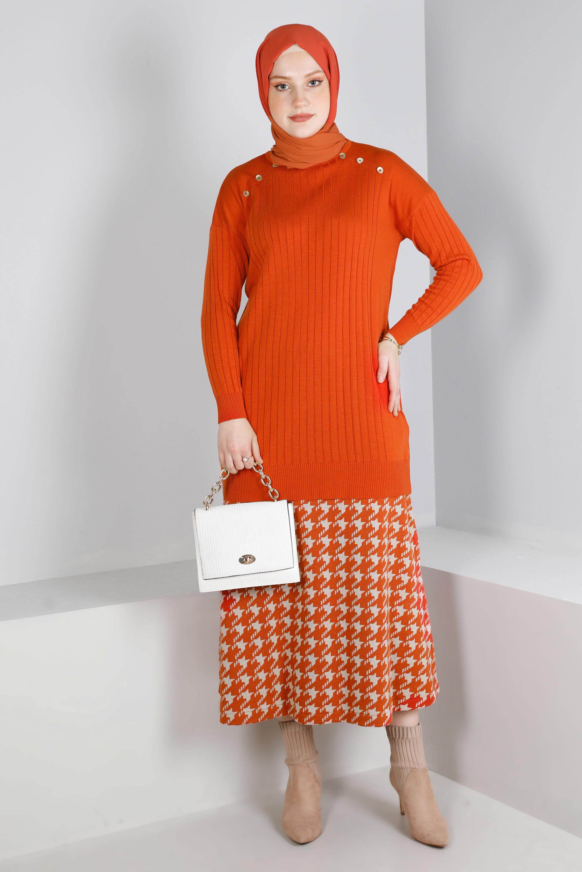 Tesettür giyim TURUNCU KAZAYAĞI DESENLİ TRİKO ÇAN ETEK 60320