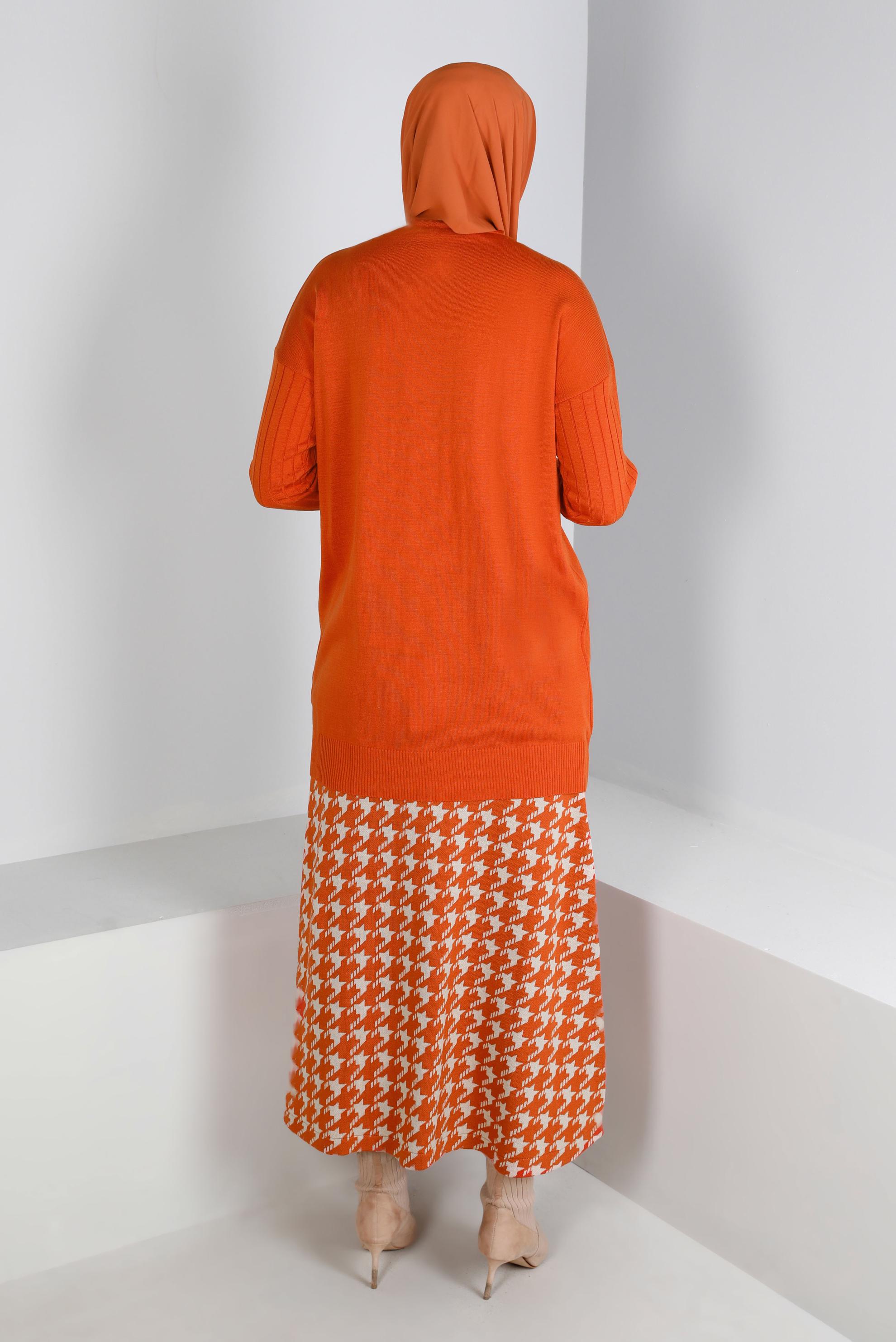 Tesettür giyim TURUNCU KAZAYAĞI DESENLİ TRİKO ÇAN ETEK 60320