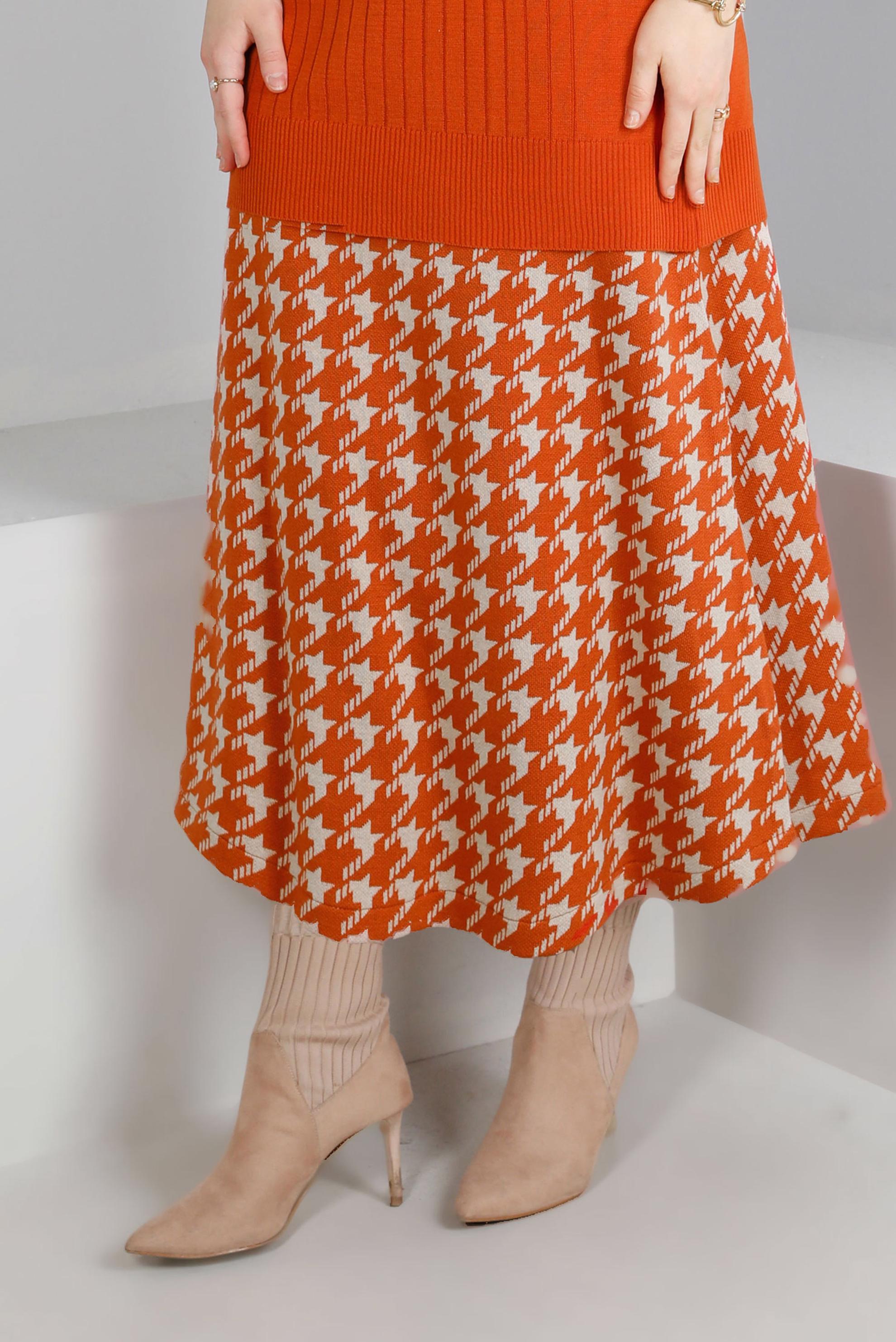 Tesettür giyim TURUNCU KAZAYAĞI DESENLİ TRİKO ÇAN ETEK 60320