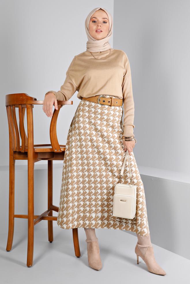 Tesettür giyim  KAZAYAĞI DESENLİ TRİKO ÇAN ETEK 60320 - ALVİNA