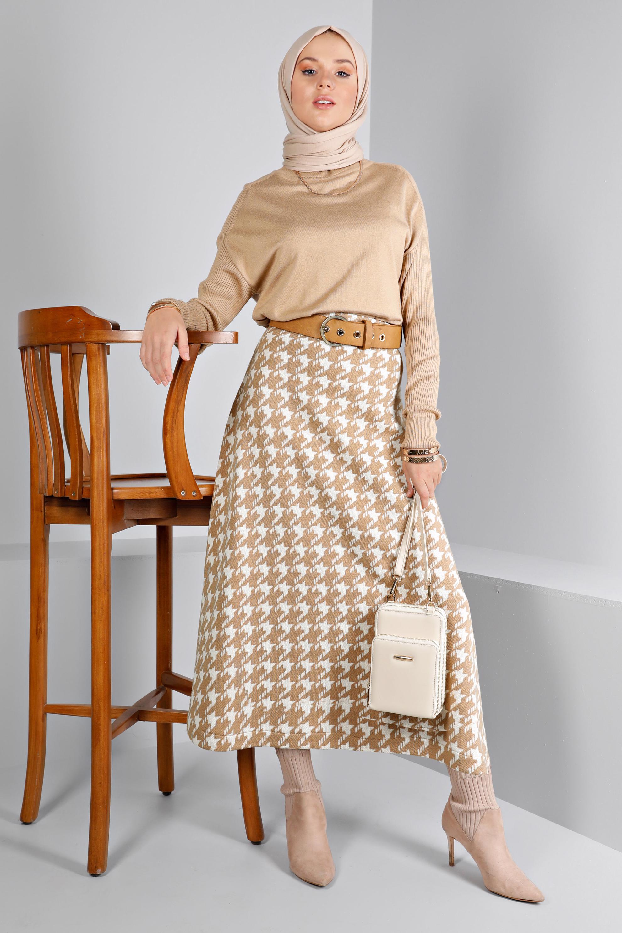 Tesettür giyim KAHVE KAZAYAĞI DESENLİ TRİKO ÇAN ETEK 60320