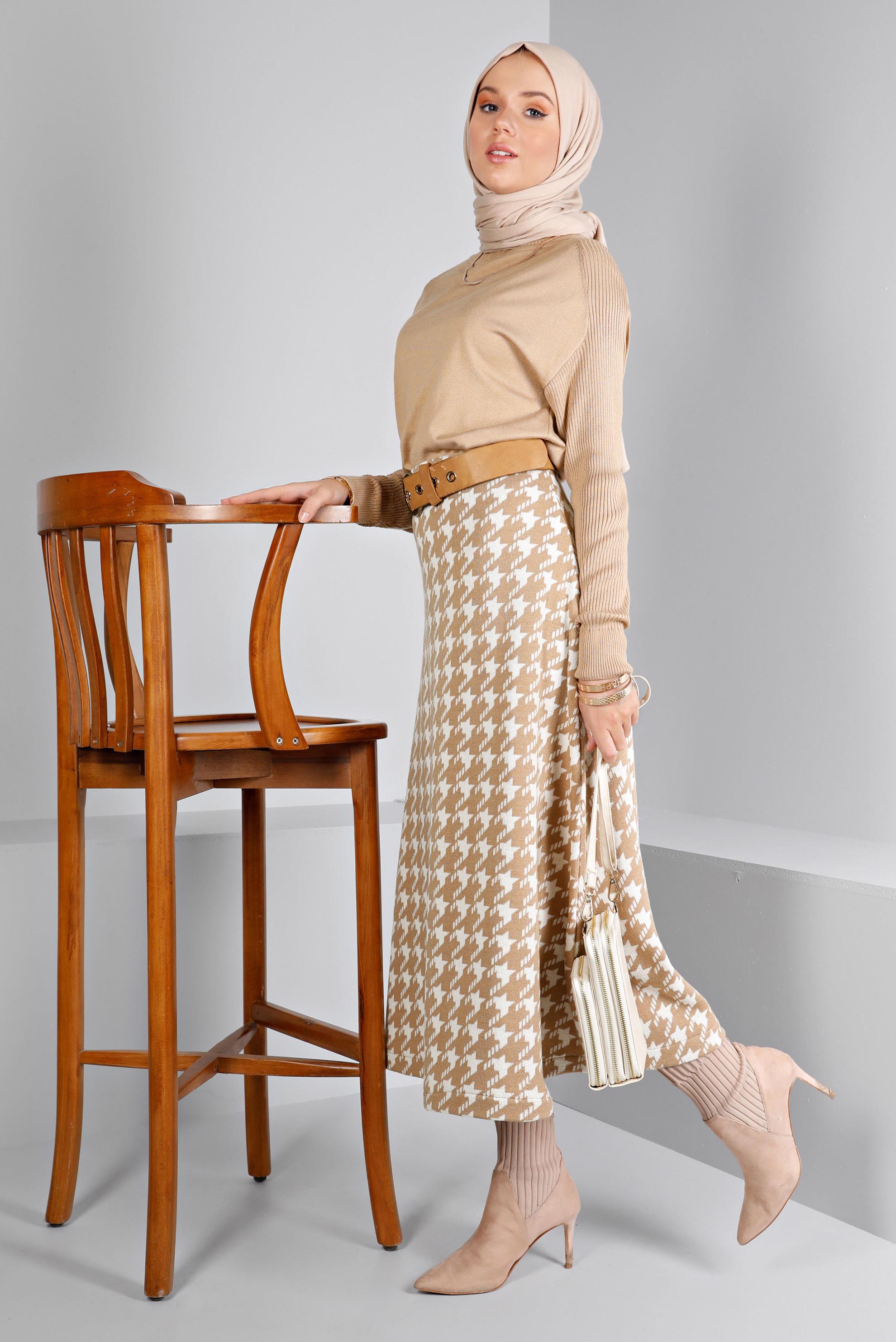 Tesettür giyim KAHVE KAZAYAĞI DESENLİ TRİKO ÇAN ETEK 60320