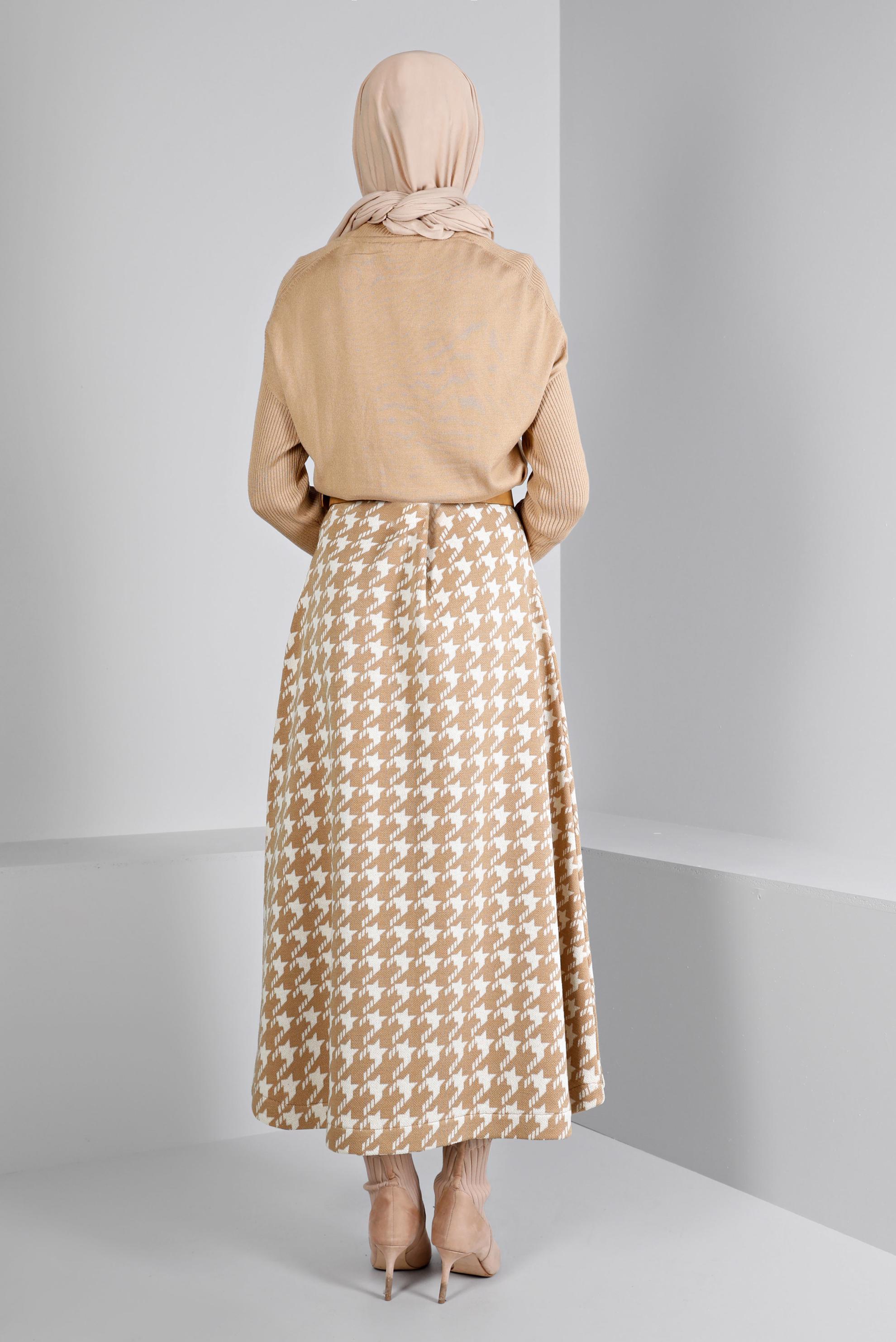 Tesettür giyim KAHVE KAZAYAĞI DESENLİ TRİKO ÇAN ETEK 60320