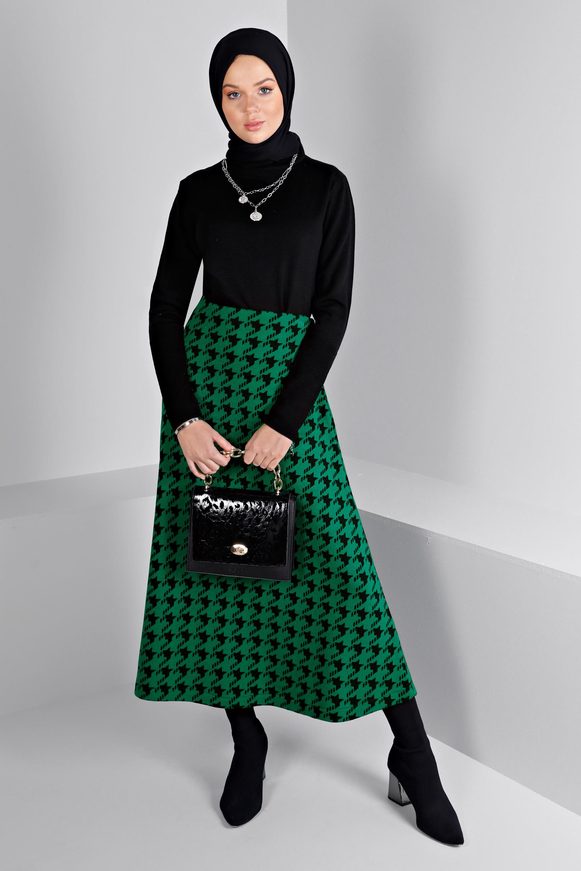 Hijab clothing GREEN HOUNDSTOOTH TEXTURED KNITWEAR FLARED SKIRT 60320