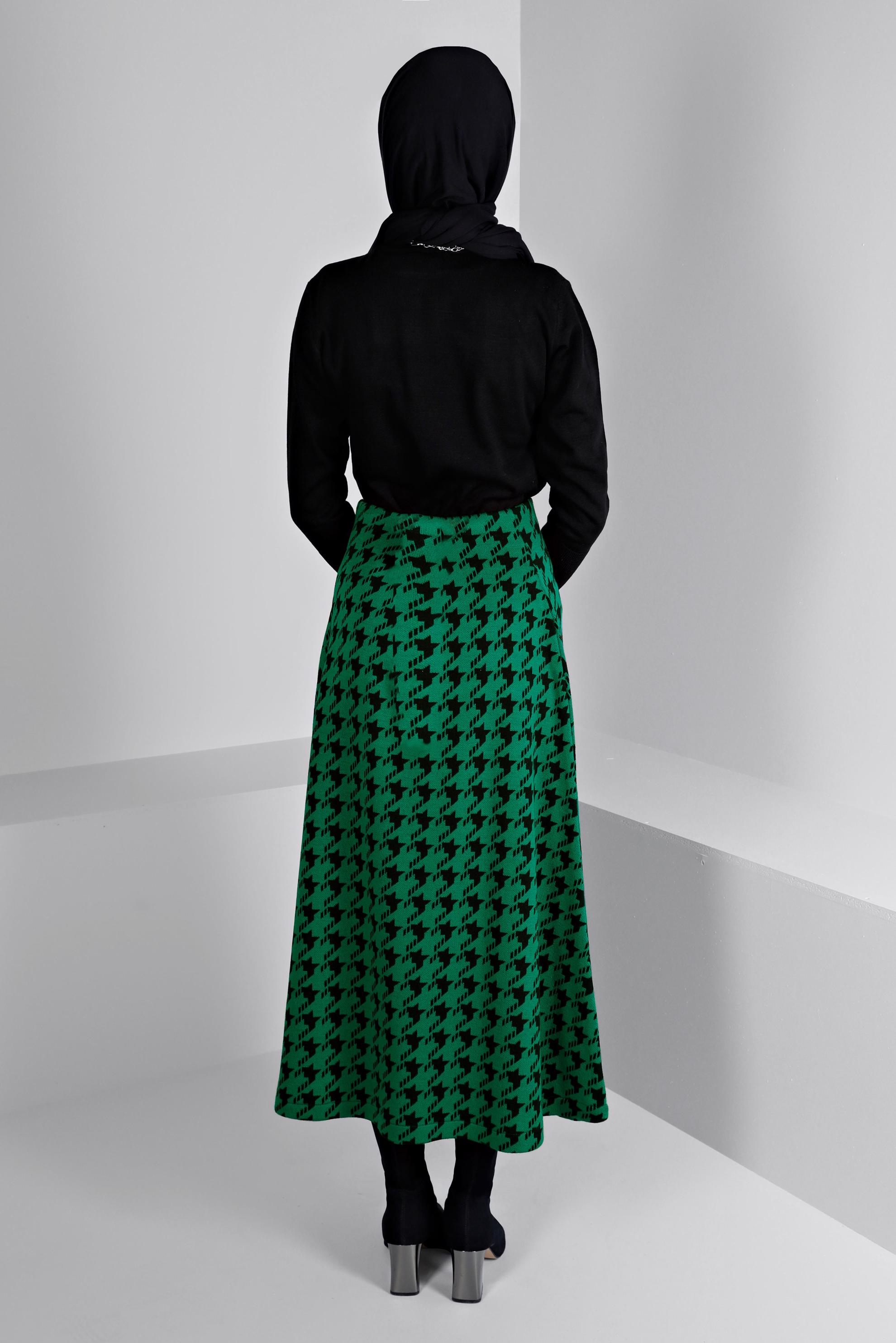 Hijab clothing GREEN HOUNDSTOOTH TEXTURED KNITWEAR FLARED SKIRT 60320