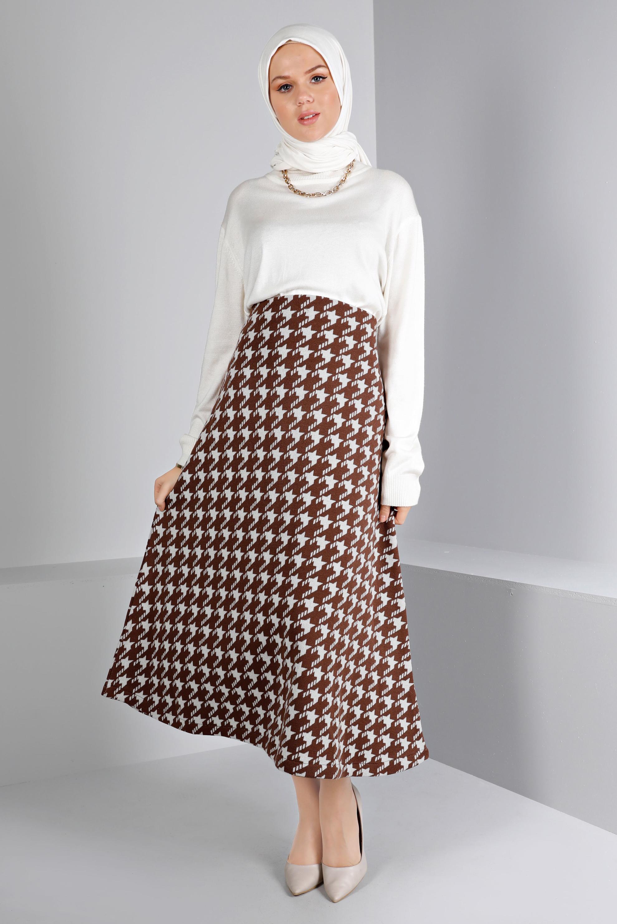 Tesettür giyim KAHVE KAZAYAĞI DESENLİ TRİKO ÇAN ETEK 60320