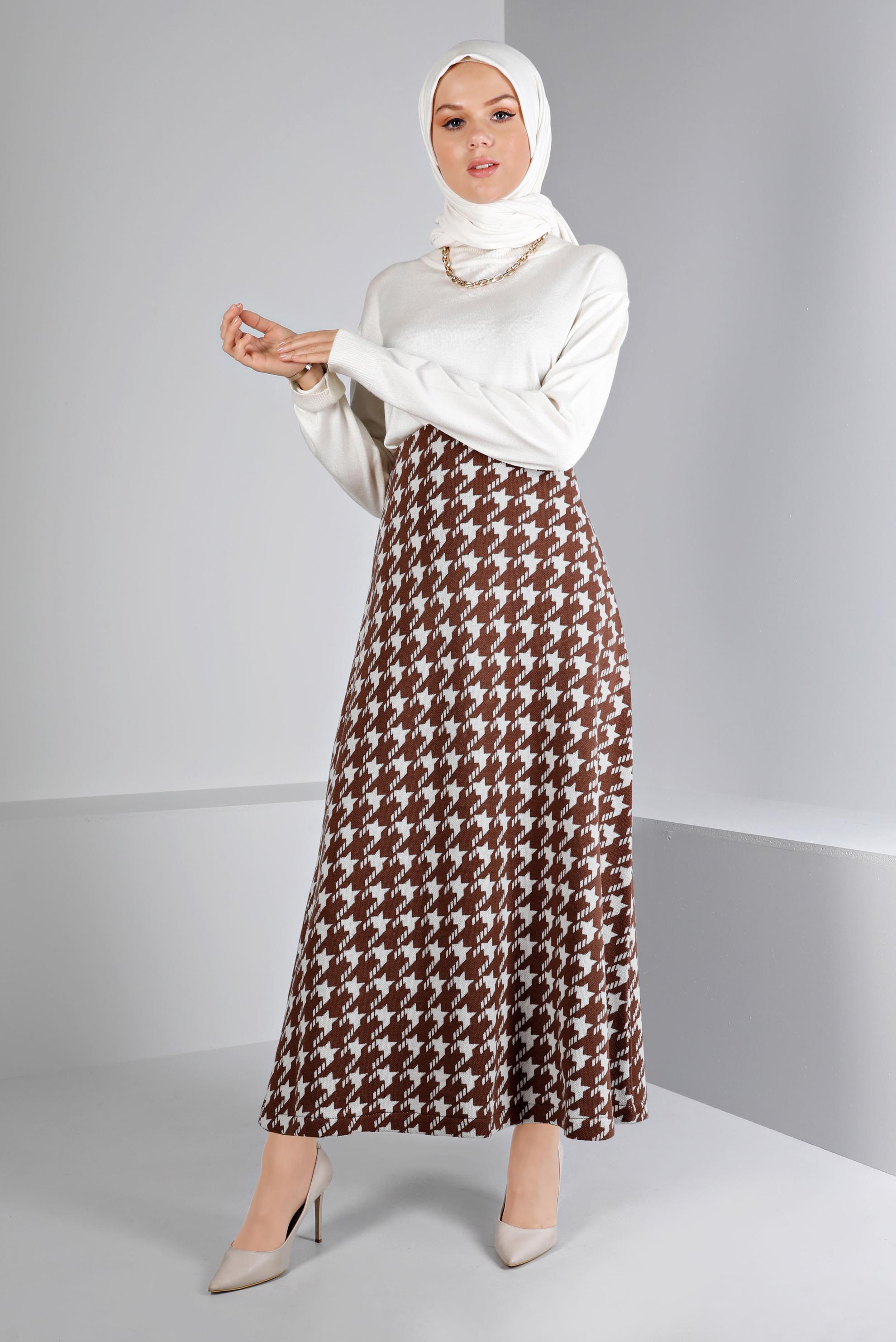 Tesettür giyim KAHVE KAZAYAĞI DESENLİ TRİKO ÇAN ETEK 60320