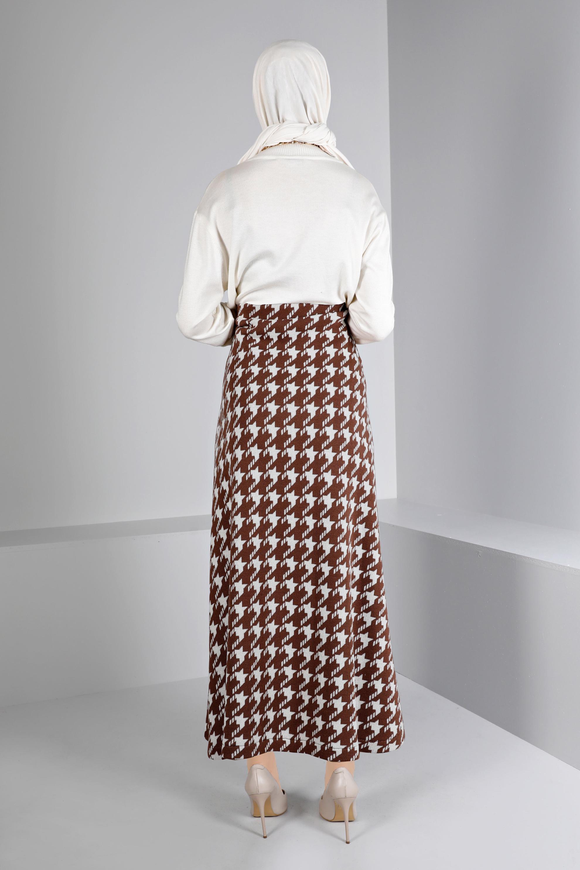 Tesettür giyim KAHVE KAZAYAĞI DESENLİ TRİKO ÇAN ETEK 60320