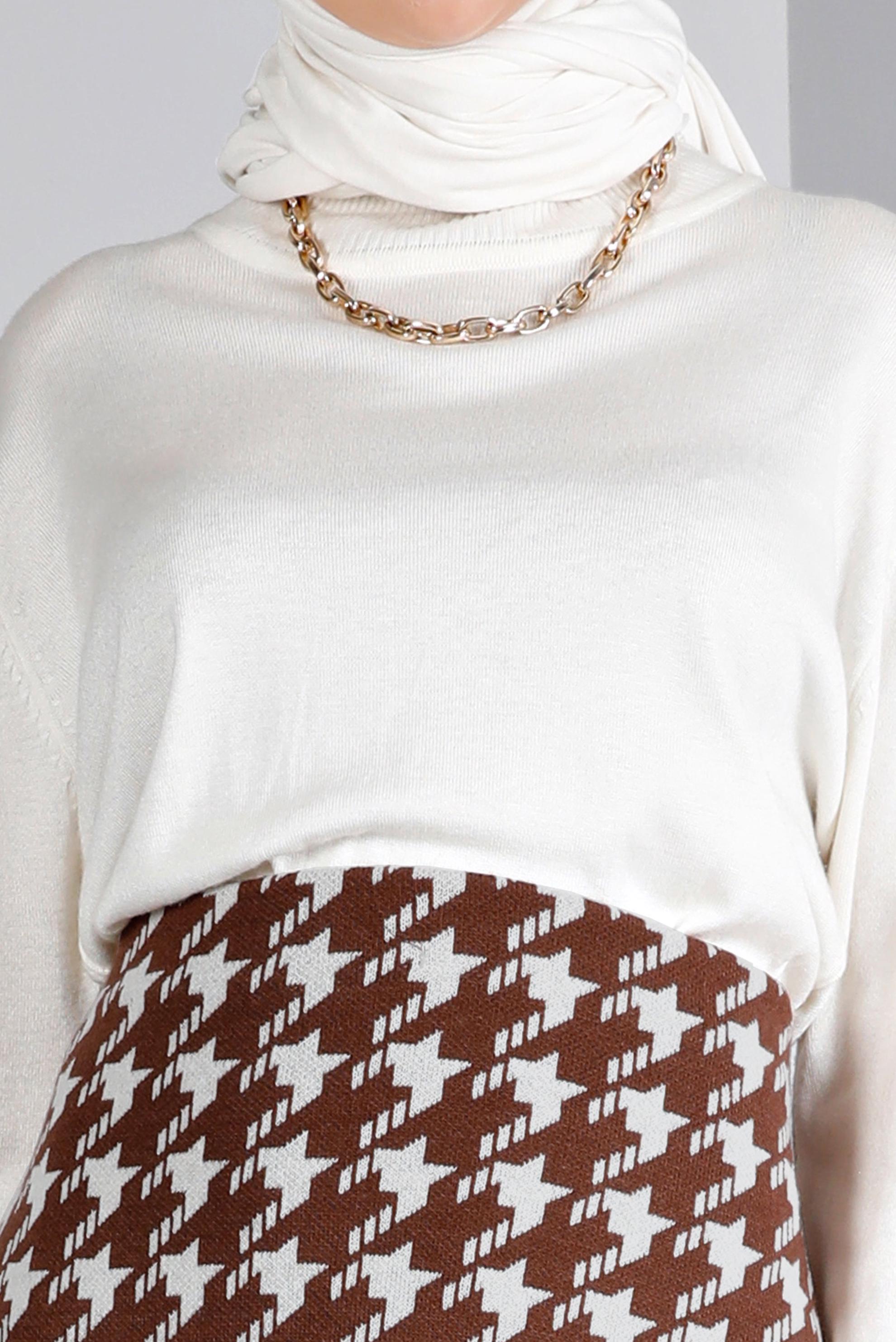 Tesettür giyim KAHVE KAZAYAĞI DESENLİ TRİKO ÇAN ETEK 60320