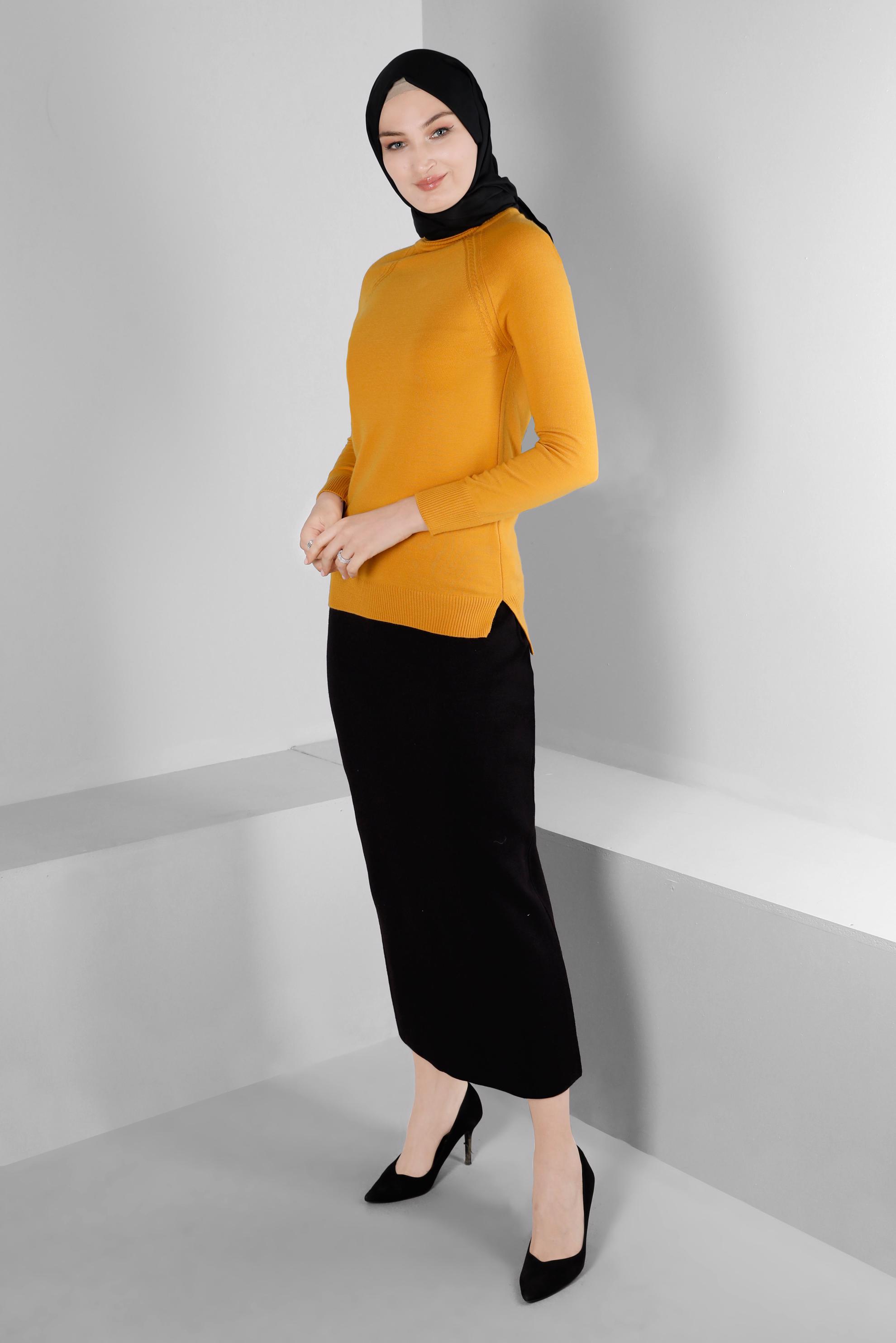 Tesettür giyim SİYAH BELİ LASTİKLİ TRİKO ETEK 60321