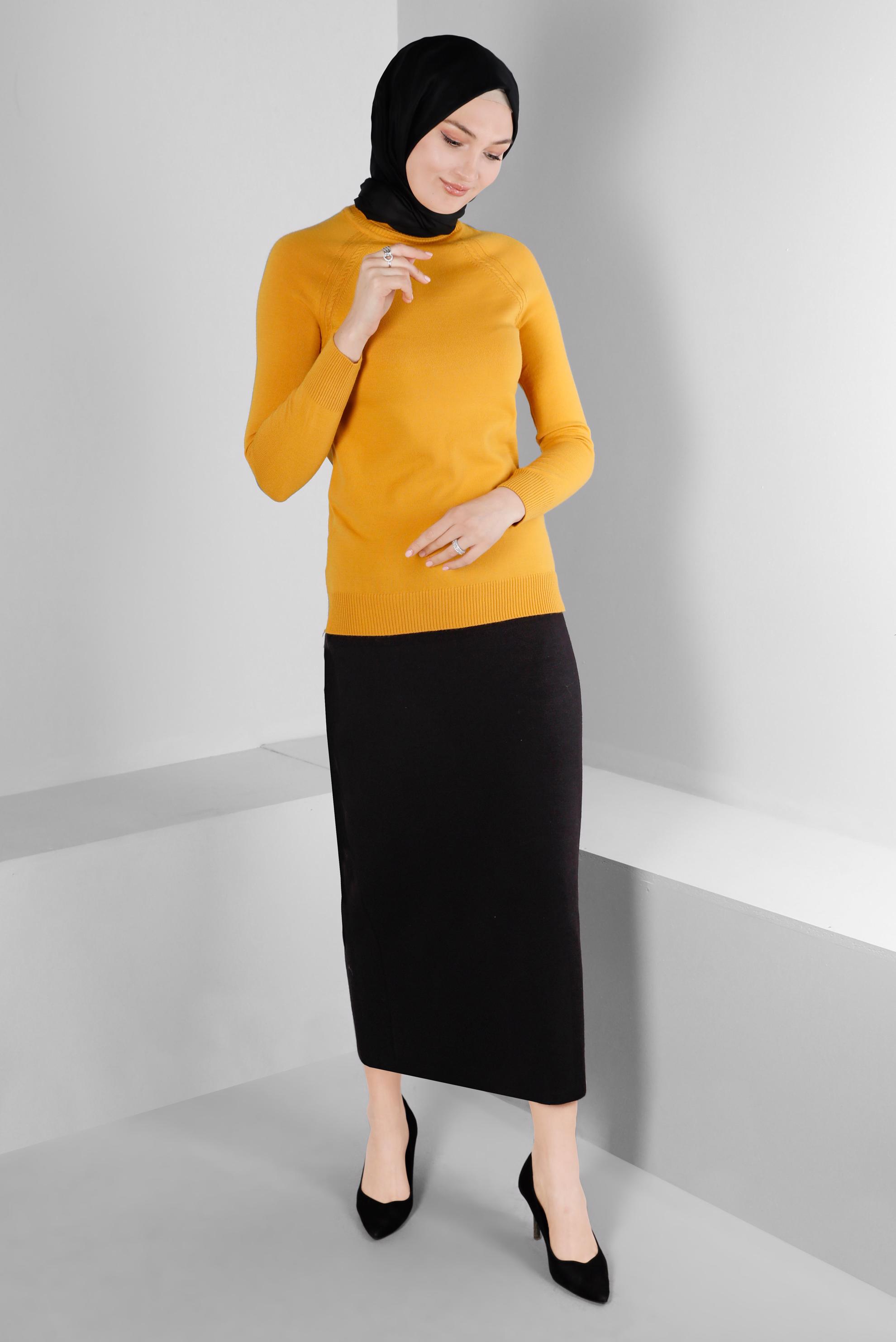 Tesettür giyim SİYAH BELİ LASTİKLİ TRİKO ETEK 60321