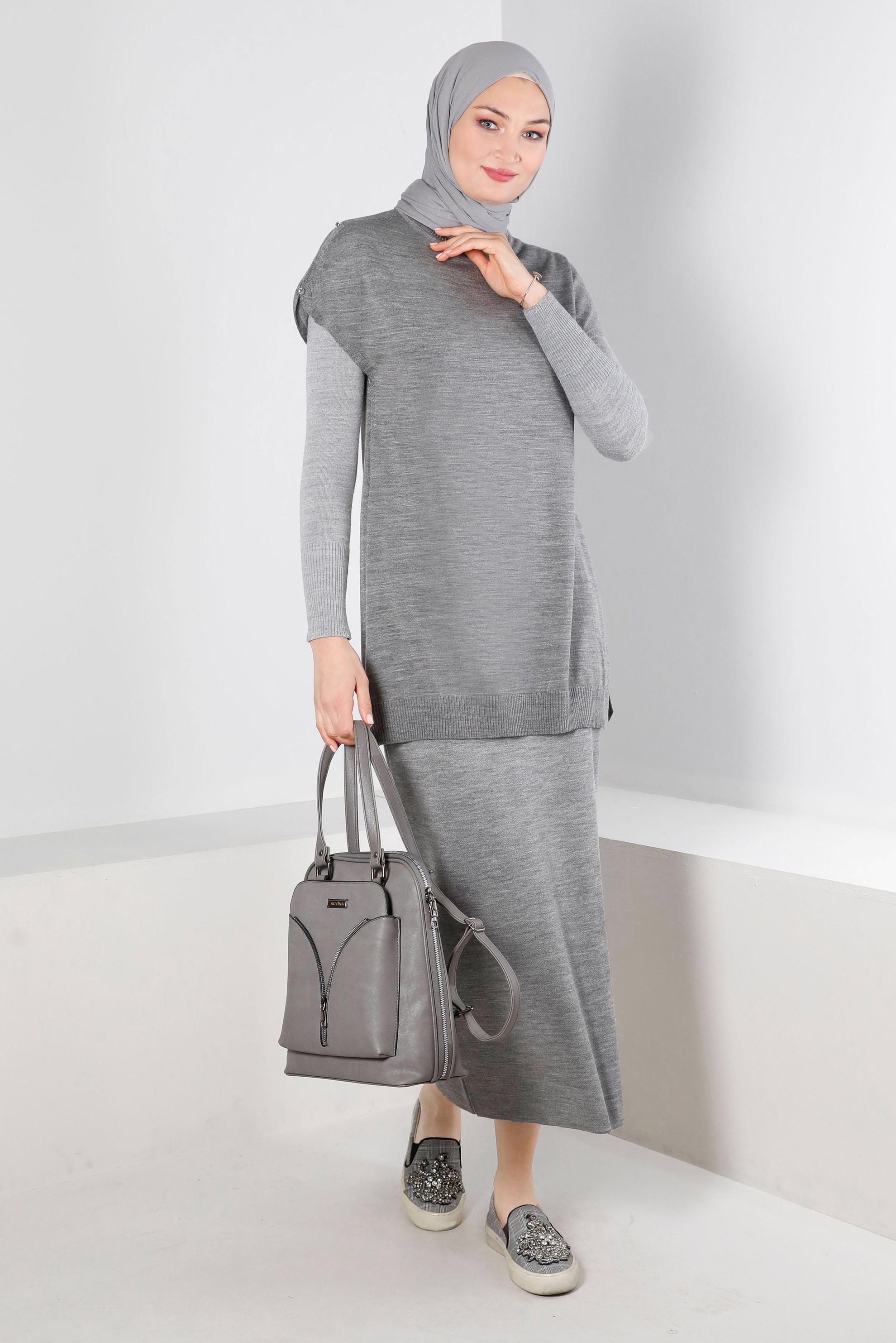 Tesettür giyim GRİ BELİ LASTİKLİ TRİKO ETEK 60321