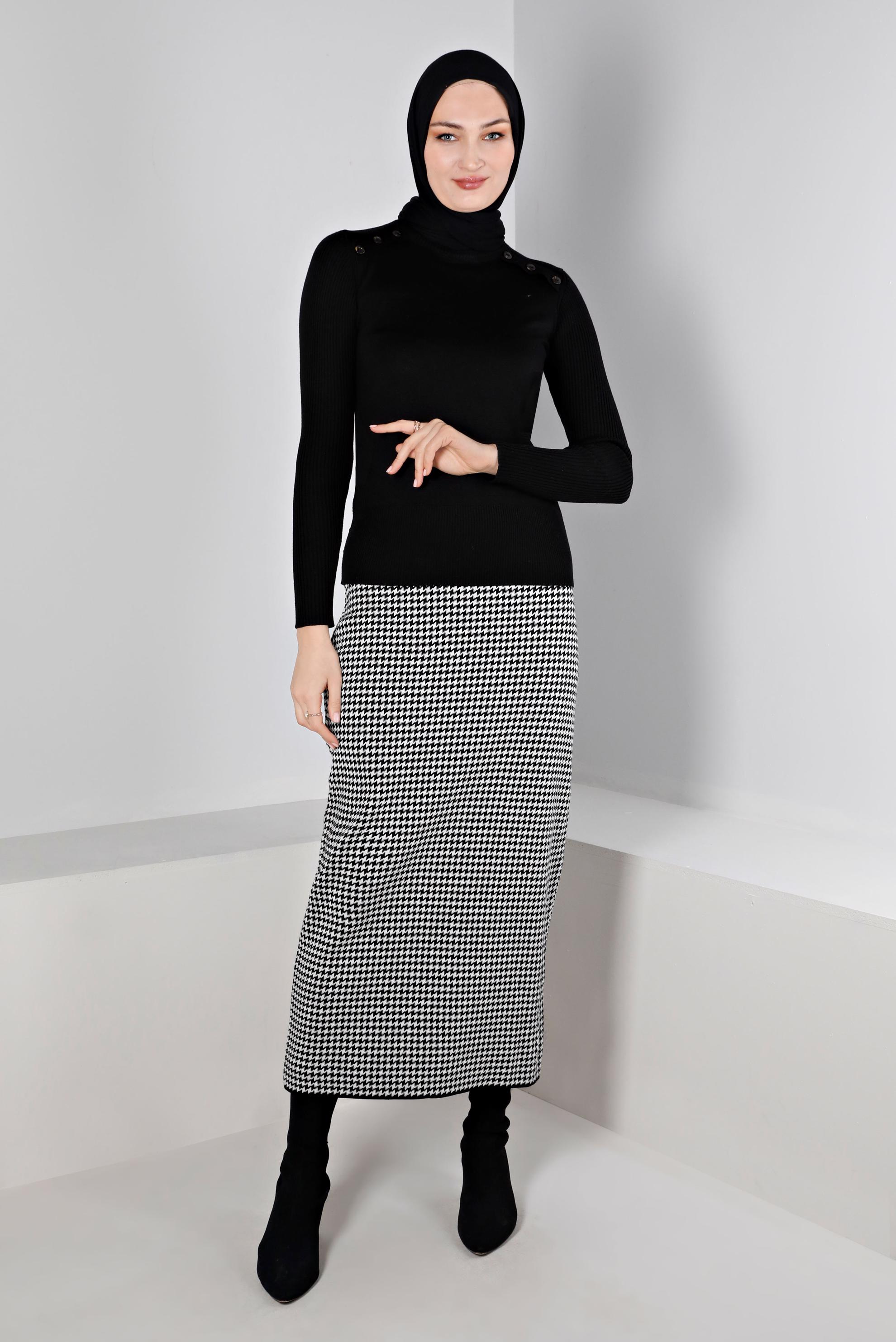 Hijab clothing BLACK HOUNDSTOOTH TEXTURED KNITWEAR SKIRT 60322