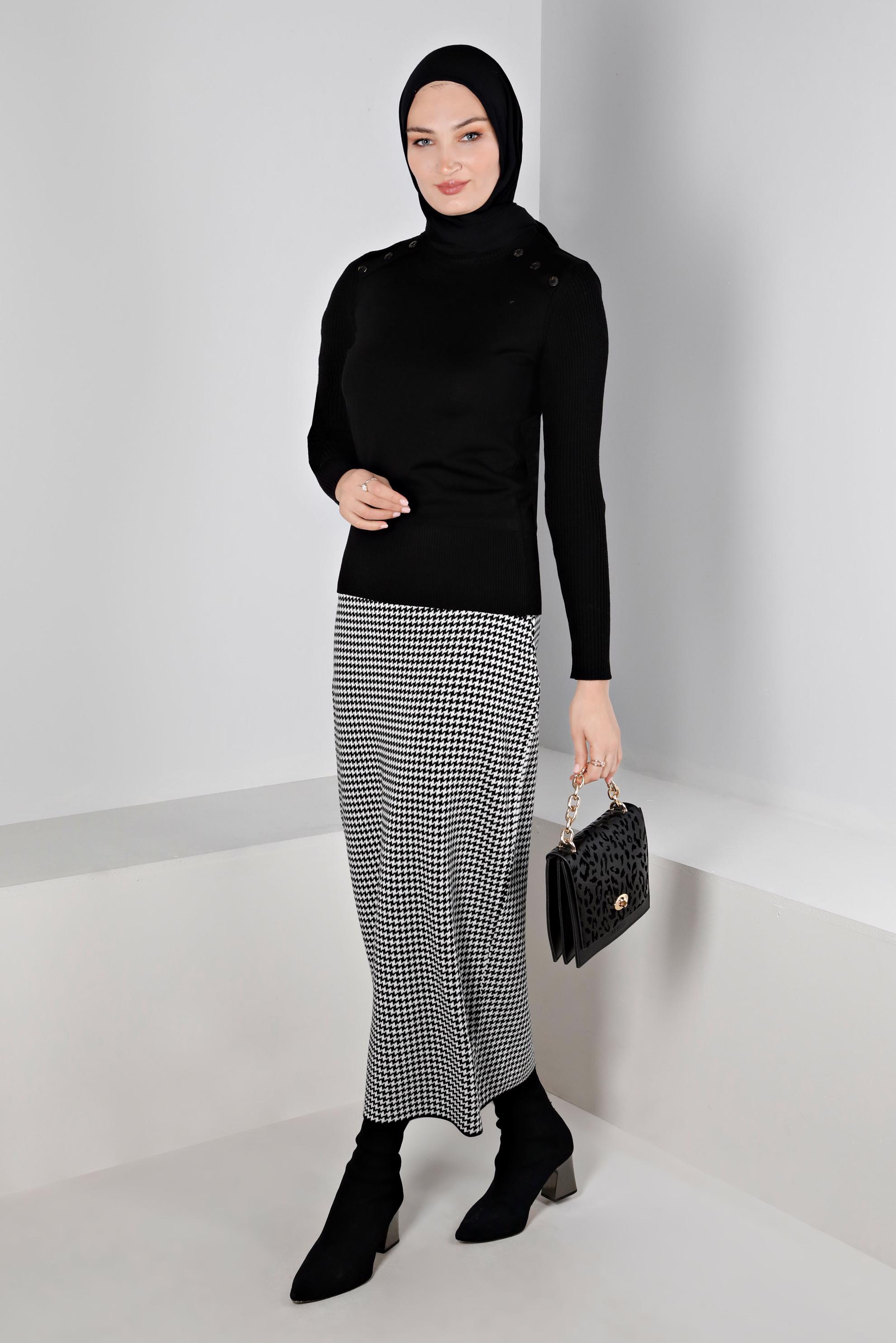 Hijab clothing BLACK HOUNDSTOOTH TEXTURED KNITWEAR SKIRT 60322