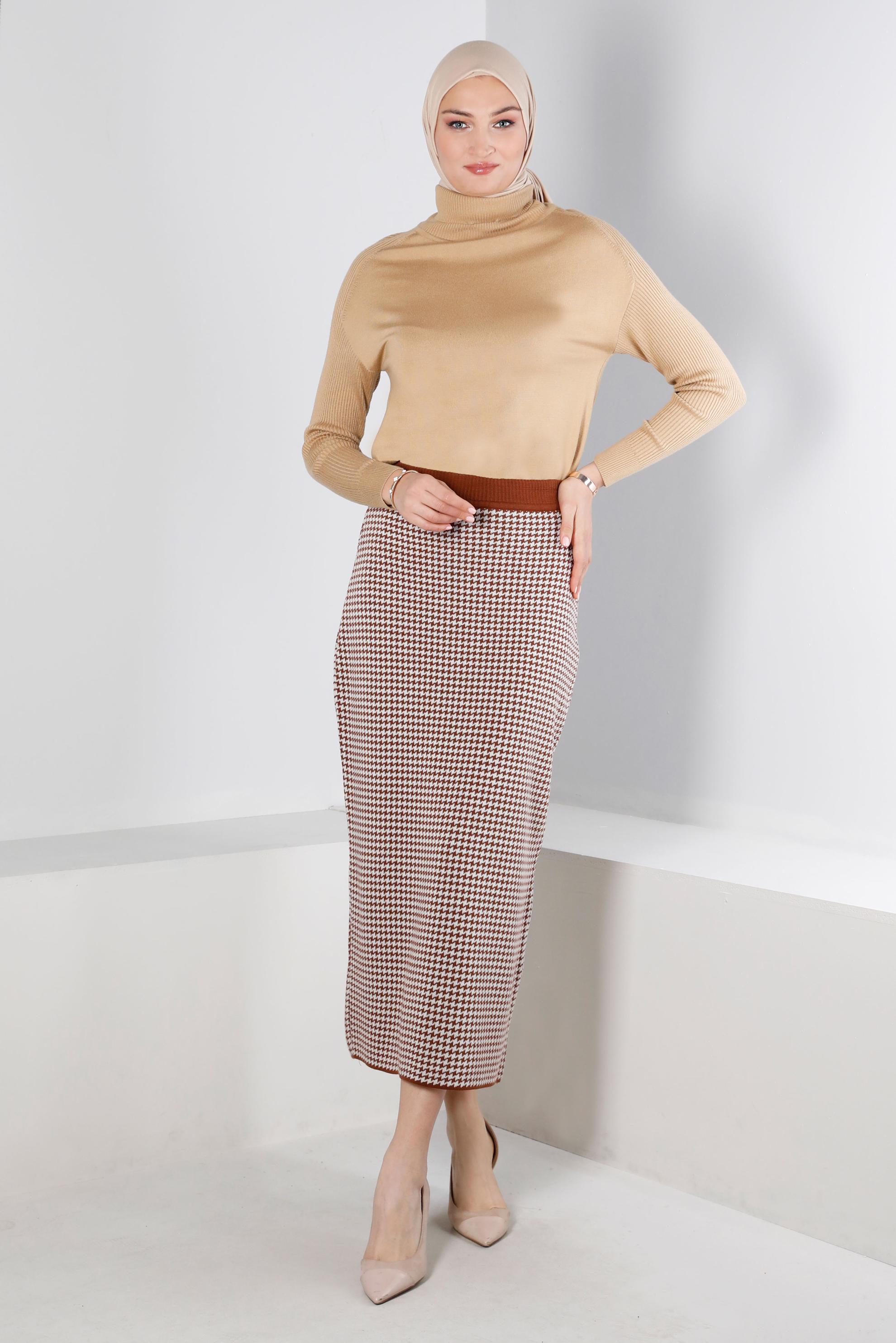 Vêtements hijab BRUN JUPE EN MAILLE TEXTURÉE PIED DE POULE 60322