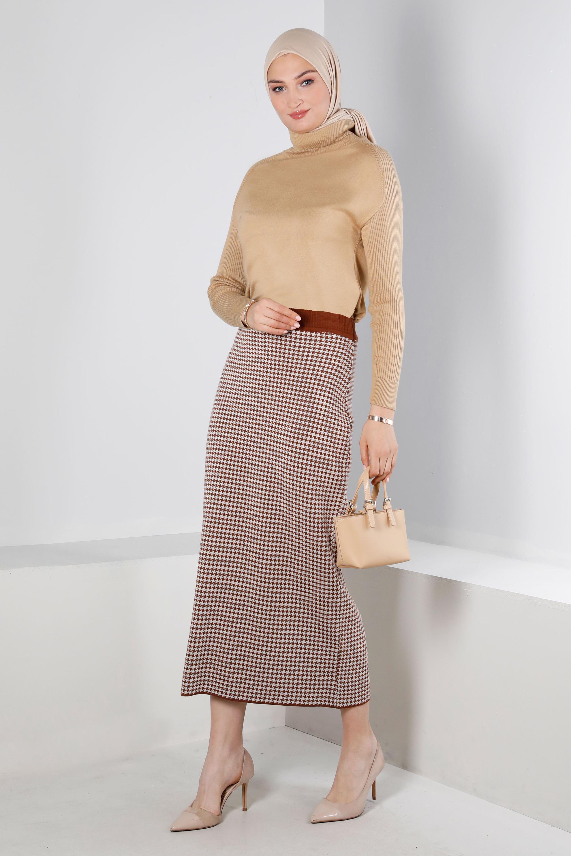 Vêtements hijab BRUN JUPE EN MAILLE TEXTURÉE PIED DE POULE 60322