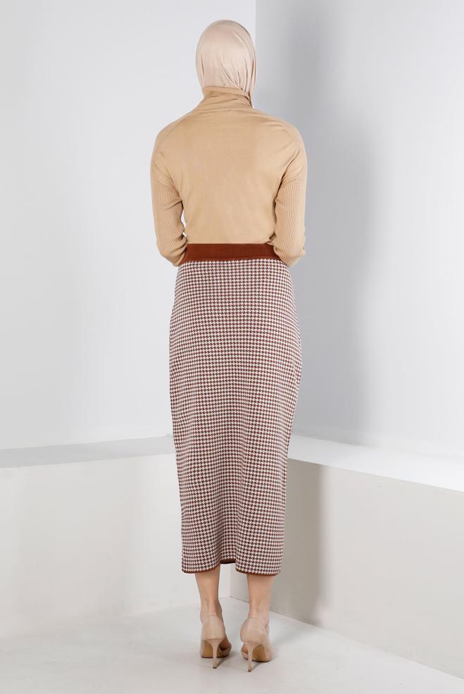 Tesettür giyim KAHVE KAZAYAĞI DESENLİ TRİKO ETEK 60322 - ALVİNA