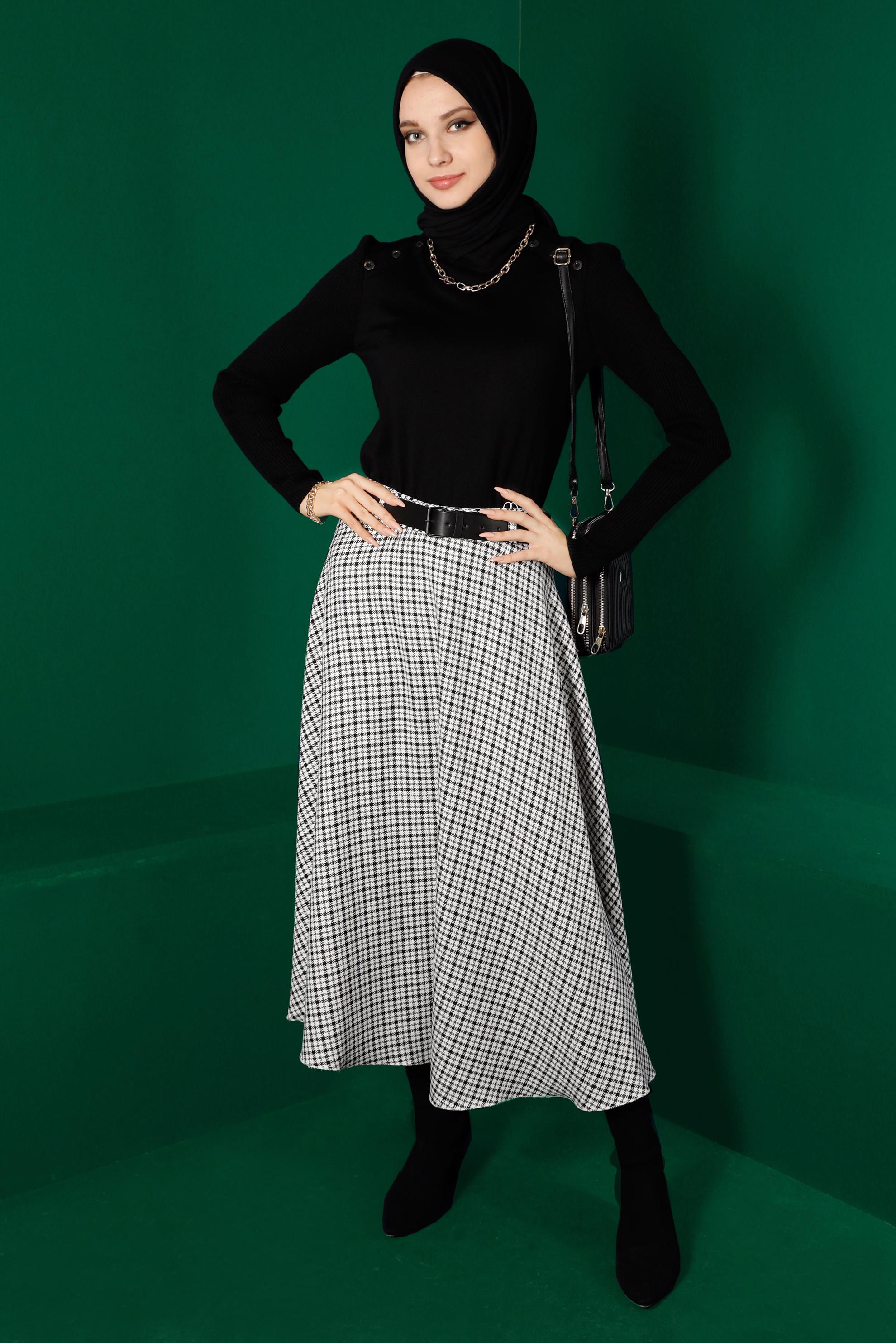 Hijab clothing WHITE PLAID PATTERN BELTED SKIRT 60325