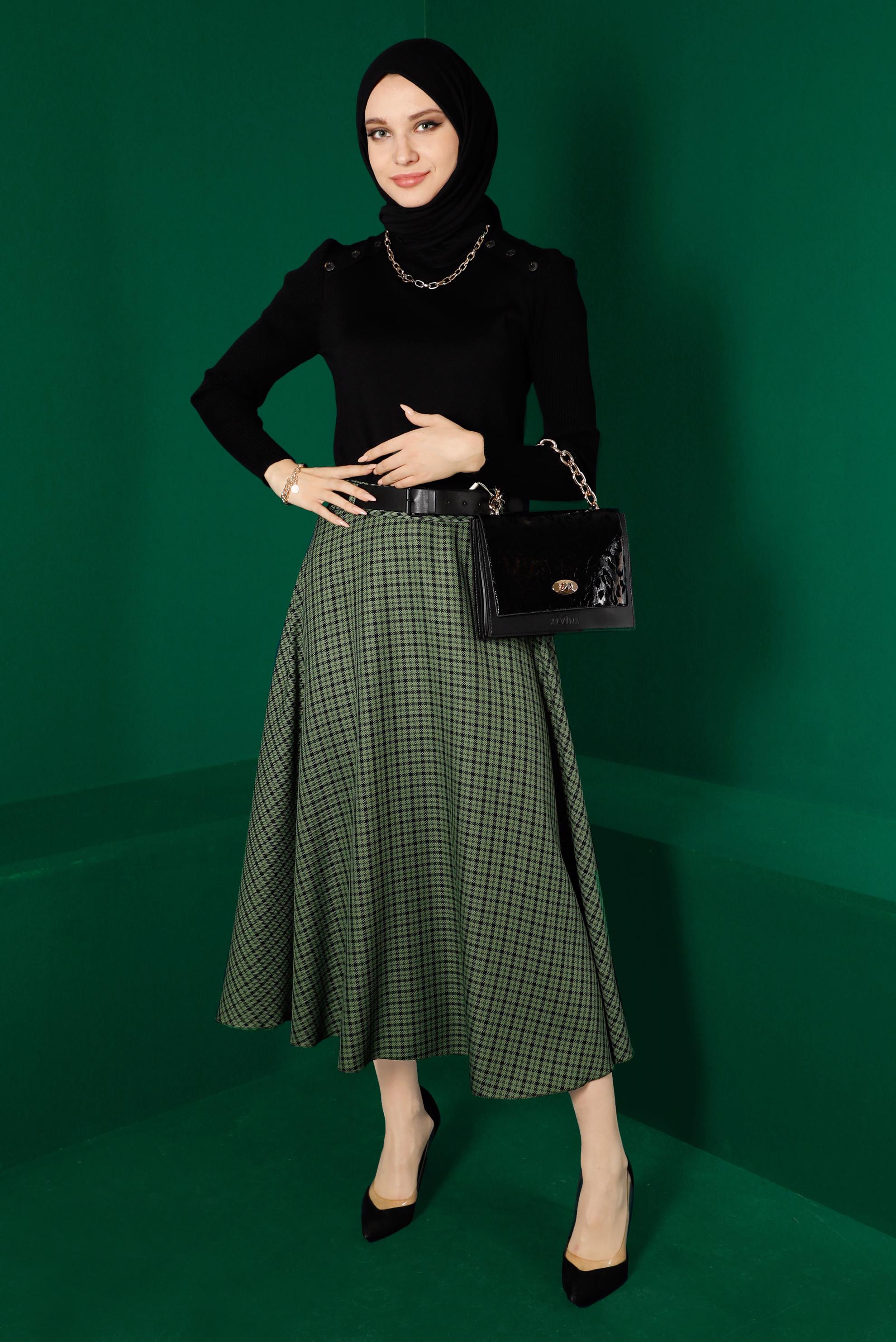 Vêtements hijab VERT JUPE À CARREAUX AVEC CEINTURE 60325