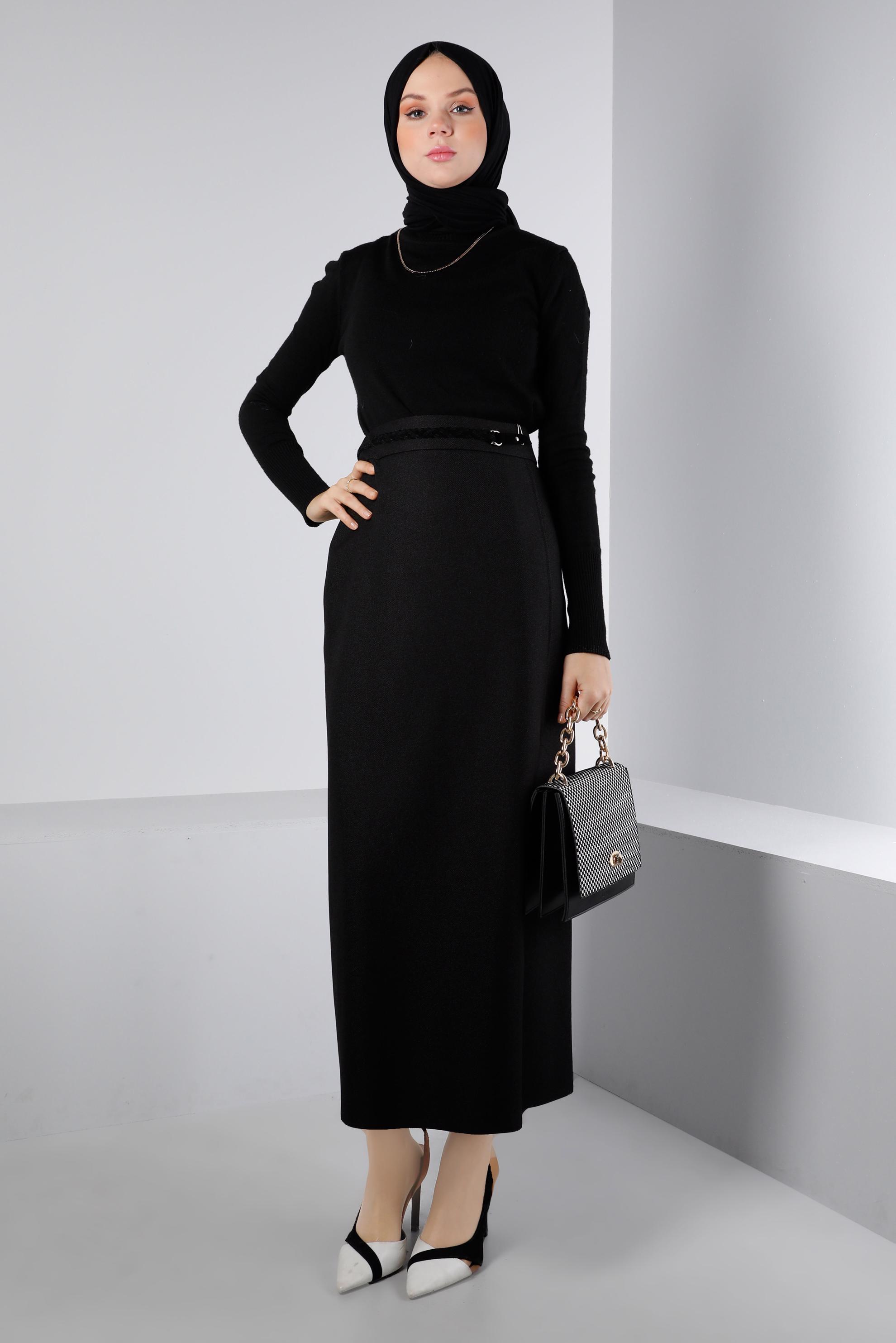 Vêtements hijab NOIR JUPE AVEC CEINTURE ET FENTE 60328