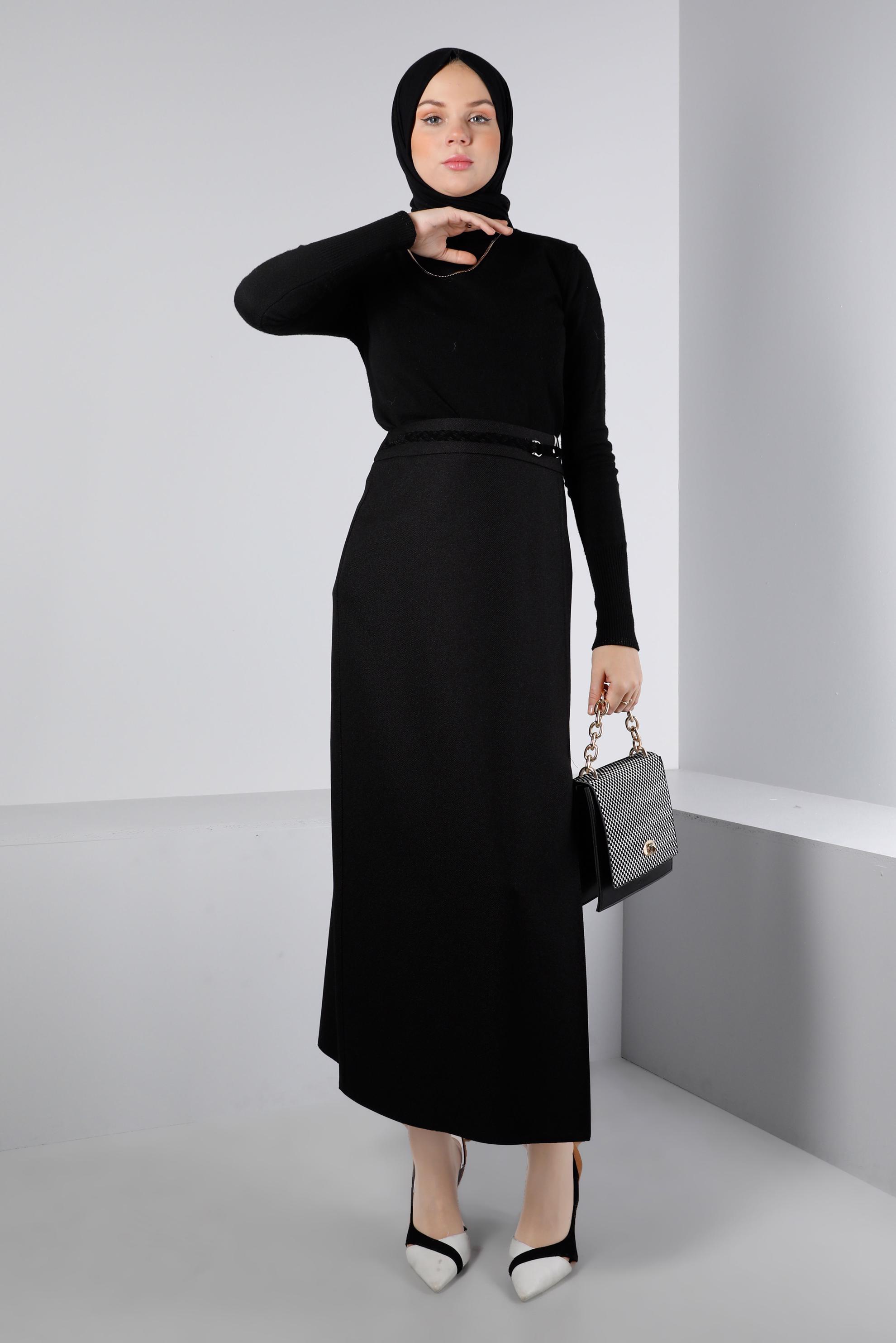 Vêtements hijab NOIR JUPE AVEC CEINTURE ET FENTE 60328