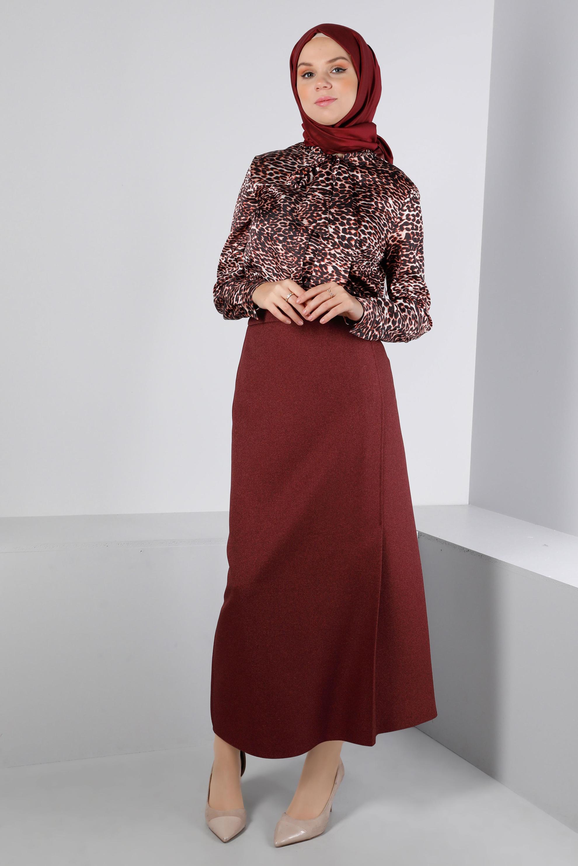 Tesettür giyim MÜRDÜM YANDAN YIRTMAÇLI KEMER DETAYLI ETEK 60328 