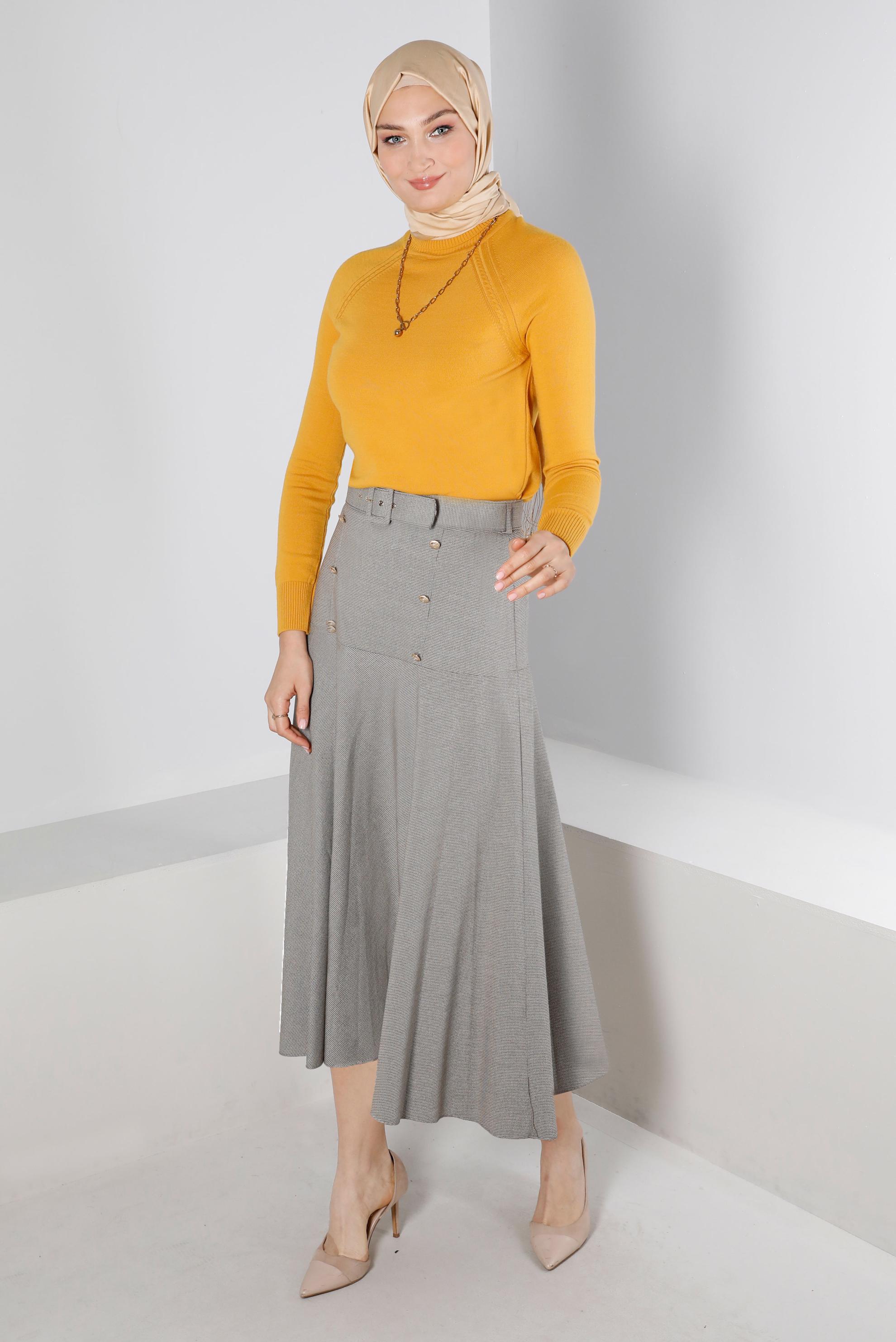 Tesettür giyim VİZON KEMERLİ DÜĞME DETAYLI ETEK 60330 