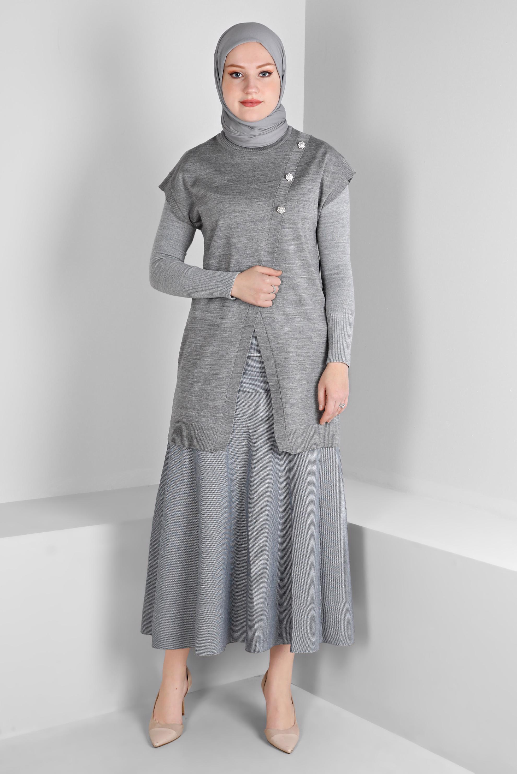 Hijab clothing NAVY BLUE BELTED SKIRT WITH BUTTON DETAIL 60330