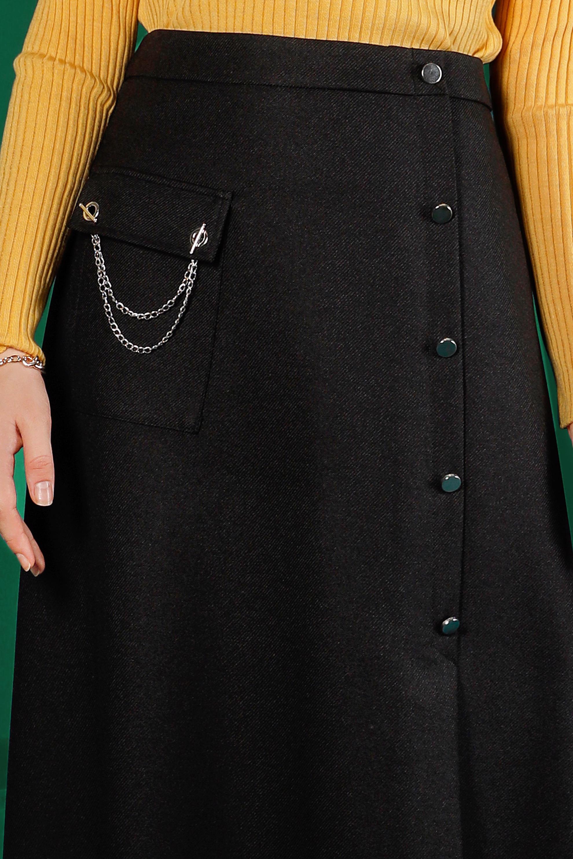 Tesettür giyim SİYAH DÜĞME DETAYLI CEPLİ ETEK 60332 