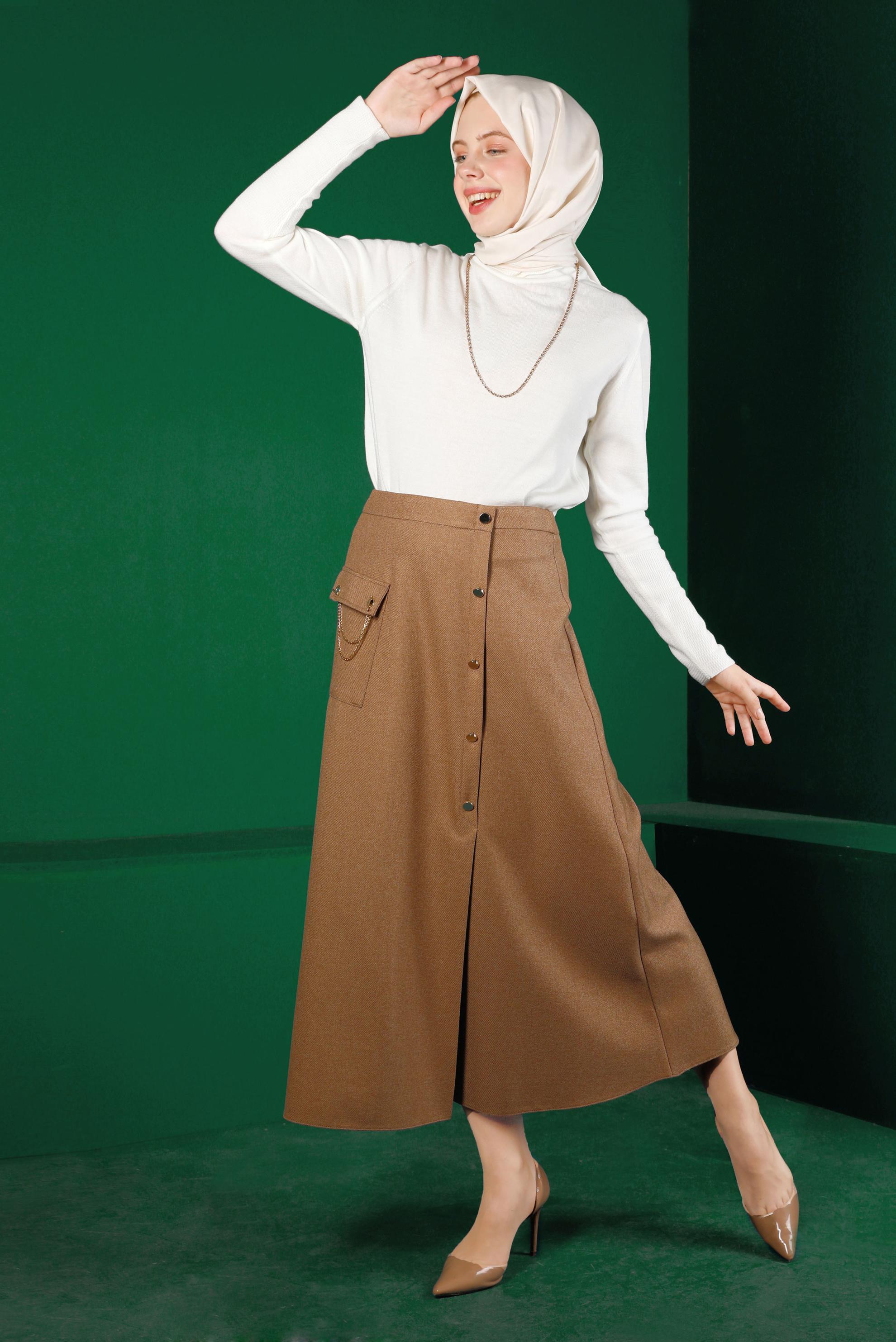 Tesettür giyim KAHVE DÜĞME DETAYLI CEPLİ ETEK 60332 