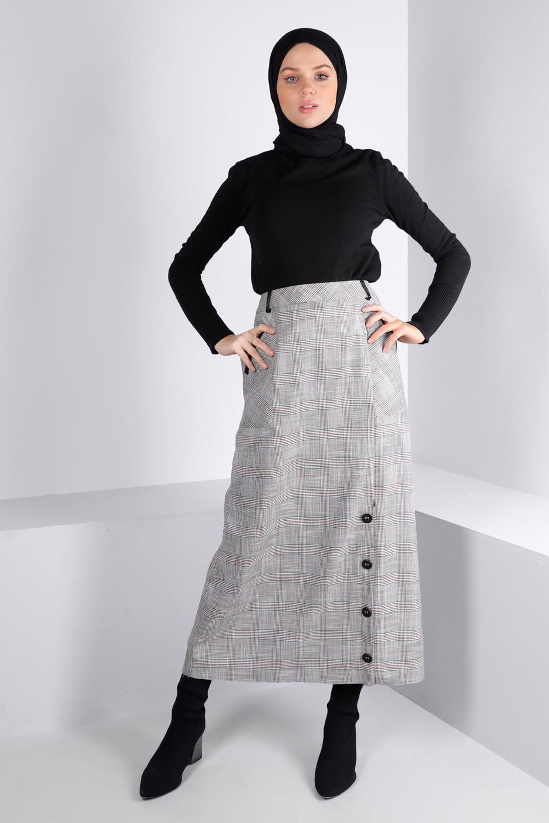 Vêtements hijab NOIR JUPE MOTIF CARREAUX BOUTONNÉE 60333