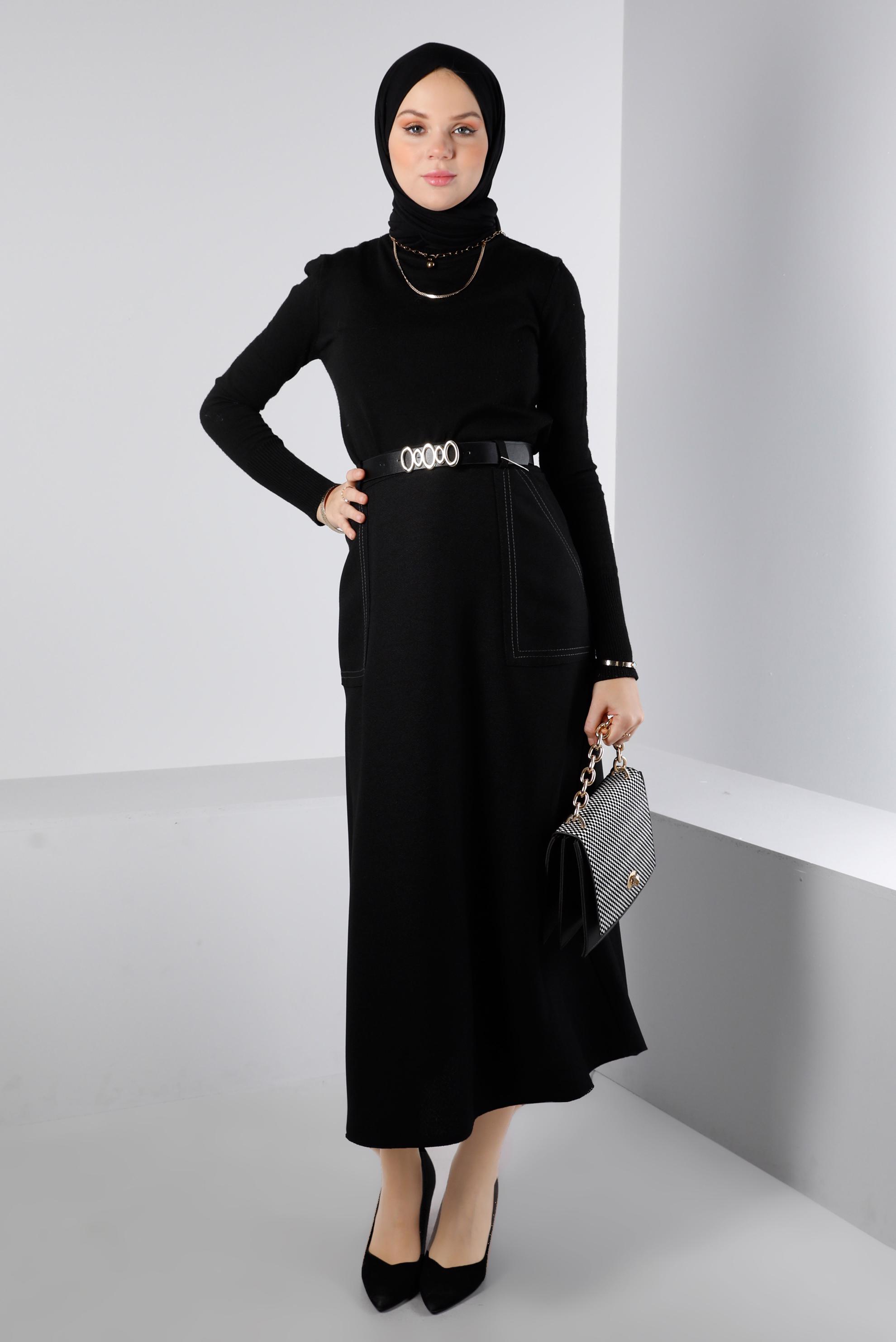 Vêtements hijab NOIR JUPE CEINTURÉE AVEC POCHE 60334